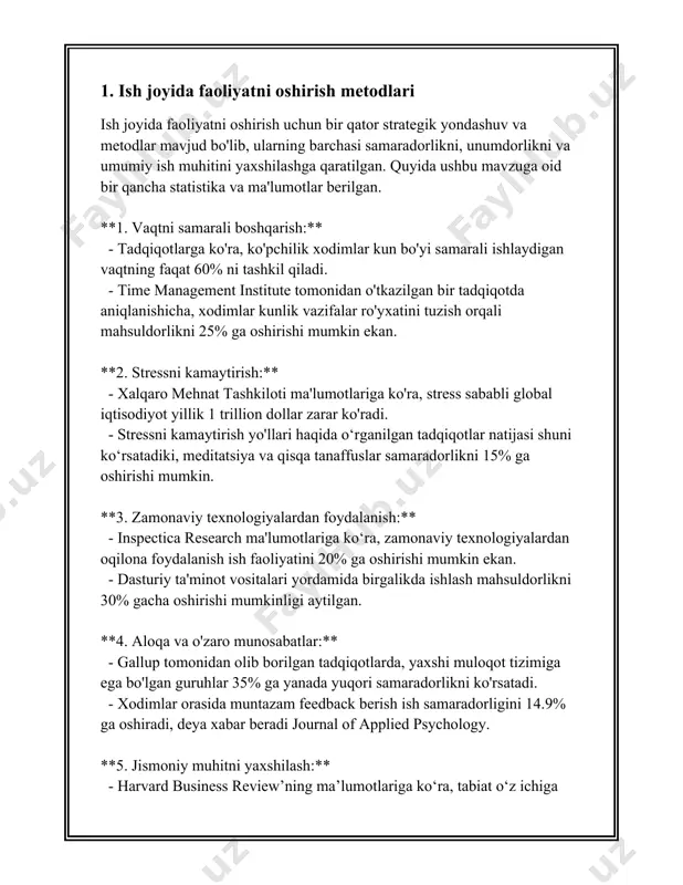 jlar (ovqat, suv, boshpana) qondirilganidan keyin xavfsizlik ehtiyojlari keladi. shundan so'ng, ijtimoiy ehtiyojlar (do'stlik, oilaviy munosabatlar), keyin esa hurmat ehtiyojlari (o'zligini tasdiqlash, hurmat qozonish) mavjud. eng yuqori darajada esa o'z-o'zini aktualizatsiya qilish ehtiyoji turadi. 1970-yillarga kelib, maslov o'z nazariyasini o'zgartirib, yuqoriga yana bir daraja qo'shgan: transsendentlik ehtiyoji. 2. gertsbergning ikki faktorli nazariyasi: frederik gertsberg motivatsiyani ikki asosiy faktor orqali tushuntiradi: motivatsion faktorlar va gigienik faktorlar. motivatsion faktorlar shaxsiy qoniqishni oshiradigan omillar bo'lsa, gigienik faktorlar ish joyidan norozi bo'lishni kamaytiradigan omillardir. masalan, ijodiy vazifalar motivatsion faktor bo'lishi mumkin, lekin maosh to'g'ri bo'lishi kerak, bu gigienik faktor. 3. vrumning umid nazariyasi: viktor vroom umid nazariyasida odamlar turli harakatlar va natijalar o'rtasidagi kutilgan bog'liqlikka qarab harakat qilishini aytadi. unga ko'ra, odamlar harakat qilsalar, ma'lum natijaga erishishlari mumkin bo'lganiga ishonch bildiradilar. uch asosiy komponent mavjud: 1) valensiya - natijaning qiymati; 2) instrumentallik - harakat natijaga olib kelishi mumkin degan ishonch; 3) umid - harakat …