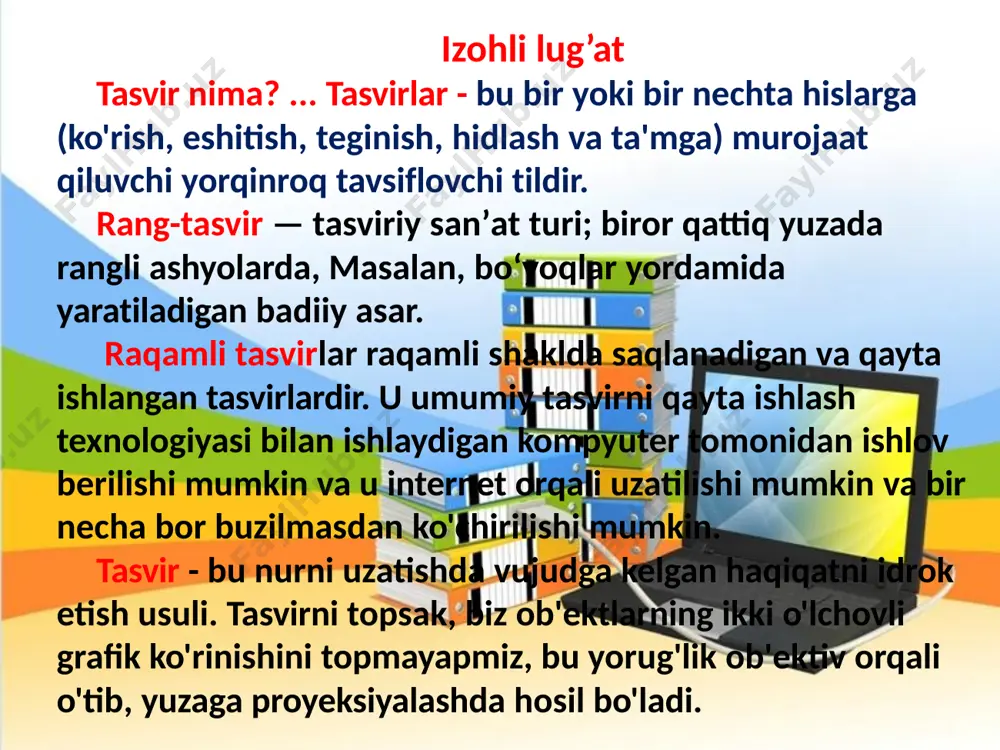 huniladi. masalan, 3200x2400 o‘lchamli tasvirda 7 million 680 mingta, 1920x1080 o‘lchamlisida 2 million 73 ming 600 ta piksel bor. rastrlar zichligi deganda uzunlik birligiga mos keladigan piksellar soni tushuniladi va dpi (dot sper inch - bir dyuymdagi nuqtalar) da o‘lchanadi. tasvirlarni oddiy grafik shakllar yordamida yaratish vektor grafikasining asosini tashkil etadi. vektor grafikasida tasvir oddiy shakllarning yig‘indisi ko'rinishi ifodalanadi, saqlanadi va tasvirlanadi. vektor grafikasidan chizmalar, animatsiyalar yaratishda keng foydalaniladi. operatsion tizimdagi shriftlar vektor grafikasi asosida yaratilgan va ularning yuqori sifati barcha tomonidan e’tirof etilgan fraktal so‘zi lotincha fractus so'zidan olingan bo’lib, maydalangan, bo’lib chiqilgan degan ma’noni bildiradi. fraktallar deb o‘ziga o‘xshash qismlardan iborat bo’lgan geometrik shakllarga aytiladi. fraktal atamasi fanga 1975-yili kiritilgan bo’lib, u qisqa vaqt ichida juda ommaviylashib ketdi. fraktallar oddiy matematik formulalar yordamida ajoyib tasvirlar yaratish imkonini beradi. image1.jpg image2.png image3.png image4.jpg image5.png image6.jpg image7.png image8.png image9.png image10.jpg image11.jpg image12.jpg image13.jpg image14.jpg image15.jpg image16.jpg image17.png image18.png image19.png image20.jpg …