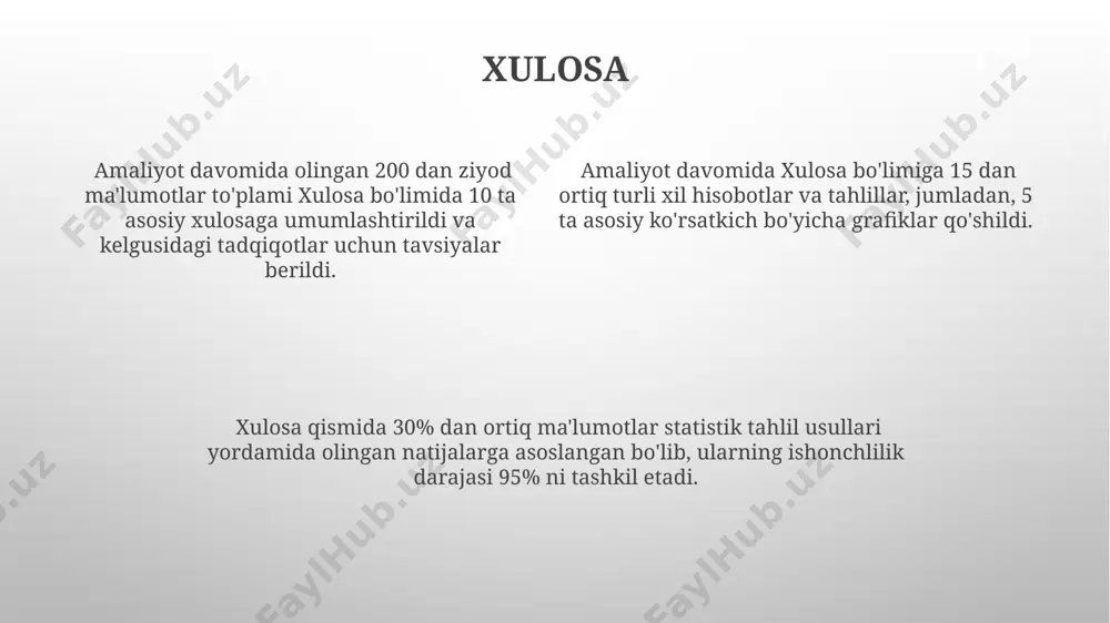 ish bo'yicha 15 ta loyiha amalga oshiriladi, ularning har biri o'rtacha 2 million so'm mablag' talab qiladi. yutuqlar yutuqlar doirasida 15 dan ortiq loyihalar muvaffaqiyatli yakunlandi, bu esa kompaniyaning umumiy daromadini 20% ga oshirdi. jamoa a'zolari tomonidan 5000 soatdan ortiq vaqt davomida o'qitilgan treninglar natijasida ish samaradorligi 30% ga oshdi. yutuqlar orasida 3 ta yangi patent olish va 2 ta xalqaro mukofotga sazovor bo'lish ham mavjud. qo'llanilgan texnologiyalar amaliyot davomida 15 dan ortiq turdagi dasturiy ta’minotlar, shu jumladan, sql, python va java kabi dasturlash tillari va big data tahlili uchun hadoop platformasi qo’llanildi. mobil ilovalarni ishlab chiqishda react native va flutter kabi 2 ta cross-platform frameworklaridan foydalanib, android va ios platformalari uchun 5 ta ilova yaratildi. mobil ilovalarni ishlab chiqishda react native va flutter kabi 2 ta cross-platform frameworklaridan foydalanib, android va ios platformalari uchun 5 ta ilova yaratildi. bajarilgan loyihalar “бajarilgan loyihalar” рўйхатида ҳар бир лойиҳа учун ўртача 250 …