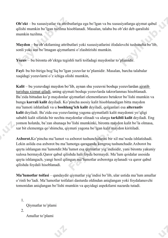 ’lgan yozuvlar to’plamidir. masalan, barcha talabalar xaqidagi yozuvlarni o’z ichiga olishi mumkin, kalit – bu yozuvdagi maydon bo’lib, aynan shu yozuvni boshqa yozuvlardan ajratib turishga xizmat qiladi, uning qiymati boshqa yozuvlarda takrorlanmas hisoblanadi. ba’zida bittadan ko’p maydonlar qiymatlari elementlararo betakror bo’lishi mumkin va bunga karrali kalit deyiladi. ko’pincha asosiy kalit hisoblanadigan bitta maydon ma’lumoti ishlatiladi va u boshlang’ich kalit deyiladi, qolganlari esa alternativ kalit deyiladi. ba’zida esa yozuvlaning yagona qiymatlatli kalit maydonni yo’qligi sababli kalit sifatida bir nechta maydonlar olinadi va ularga tarkibli kalit deyiladi. eng yomon holatda, ba’zan shunaqa bo’lishi mumkinki, bironta maydon kalit bo’la olmasa, xar bit elementga qo’shimcha, qiymati yagona bo’lgan kalit maydon kiritiladi. axborot.ko’pincha ma’lumot va axborot tushunchalarini bir xil ma’noda ishlatishadi. lekin aslida esa axborot bu ma’lumotga qaraganda kengroq tushunchadir.axborot bu qayta ishlangan ma’lumotdir.ma’lumot esa qiymatlar yig’indisidir, yani bironta yakuniy xulosa bermaydi.qaror qabul qilishda hali foyda bermaydi. ma’lum qoidalar asosida qayta ishlangach, yangi hosil qilingan …