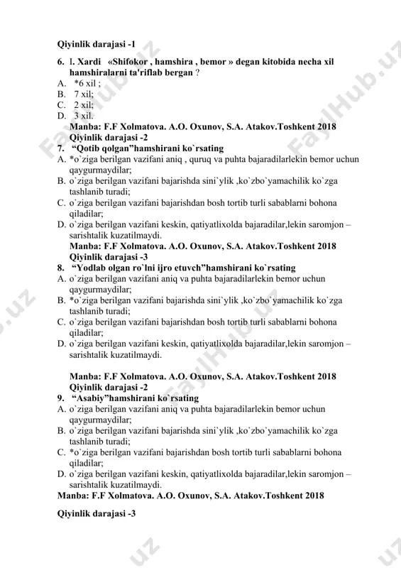 – sarishtalik kuzatilmaydi. manba: f.f xolmatova. a.o. oxunov, s.a. atakov.toshkent 2018 qiyinlik darajasi -3 8. “yodlab olgan ro`lni ijro etuvch”hamshirani ko`rsating 1. o`ziga berilgan vazifani aniq va puhta bajaradilarlekin bemor uchun qaygurmaydilar; 1. *o`ziga berilgan vazifani bajarishda sini`ylik ,ko`zbo`yamachilik ko`zga tashlanib turadi; 1. o`ziga berilgan vazifani bajarishdan bosh tortib turli sabablarni bohona qiladilar; 1. o`ziga berilgan vazifani keskin, qatiyatlixolda bajaradilar,lekin saromjon – sarishtalik kuzatilmaydi. manba: f.f xolmatova. a.o. oxunov, s.a. atakov.toshkent 2018 qiyinlik darajasi -2 9. “asabiy”hamshirani ko`rsating 1. o`ziga berilgan vazifani aniq va puhta bajaradilarlekin bemor uchun qaygurmaydilar; 1. o`ziga berilgan vazifani bajarishda sini`ylik ,ko`zbo`yamachilik ko`zga tashlanib turadi; 1. *o`ziga berilgan vazifani bajarishdan bosh tortib turli sabablarni bohona qiladilar; 1. o`ziga berilgan vazifani keskin, qatiyatlixolda bajaradilar,lekin saromjon – sarishtalik kuzatilmaydi. manba: f.f xolmatova. a.o. oxunov, s.a. atakov.toshkent 2018 qiyinlik darajasi -3 10. erkaklarga o`xshash hamshirani ko`rsating 1. o`ziga berilgan vazifani aniq va puhta bajaradilarlekin bemor uchun qaygurmaydilar; 1. o`ziga …