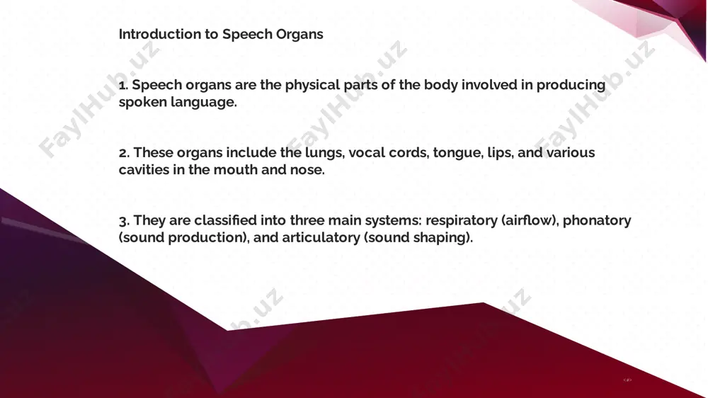 ounds. 9. the uvula may assist in creating specific guttural sounds in certain languages. 10. the nasal cavity resonates air when the soft palate is lowered, producing nasal consonants like /m/ and /n/. the role of speech organs in producing sounds 1. speech organs transform the energy from airflow into a wide range of meaningful sounds. 2. voiced sounds like /b/ and /z/ are made when the vocal cords vibrate, while voiceless sounds like /p/ and /s/ are produced without vibration. 3. the tongue determines the position and quality of vowels such as /i:/ or /a/. 4. lips can create rounded or spread shapes to modify vowel sounds. 5. sounds like /t/, /d/, and /n/ are formed by placing the tongue against the alveolar ridge. 6. the difference in tongue height, backness, and tension affects vowel pronunciation. 7. proper functioning of the soft palate prevents nasal leakage in oral sounds. …