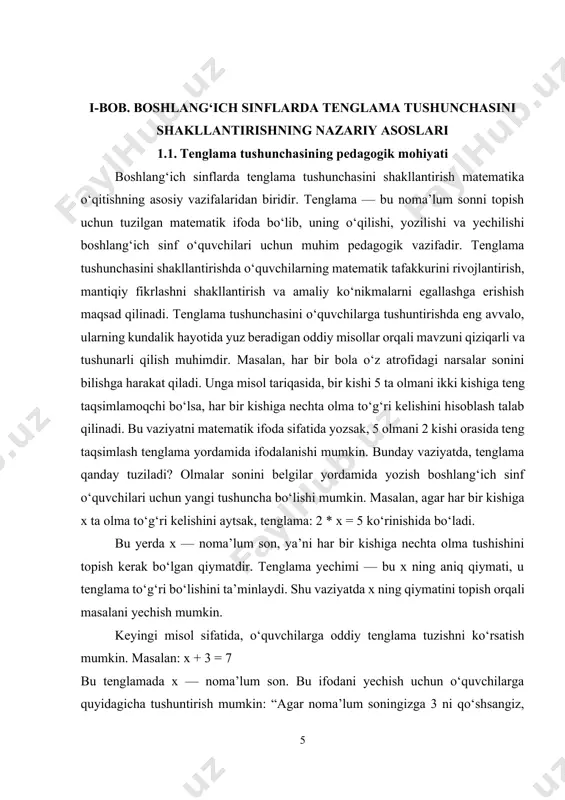 iladi. shu orqali o‘quvchilar tenglama qaysi vaziyatni ifodalashini vizual tarzda ko‘rib, yaxshiroq tushunishadi. bundan tashqari, diagrammalar yordamida tenglama elementlarini ajratish mumkin. masalan, tenglama ikki tomonlama tenglik ekanini ko‘rsatish uchun har ikki tomon uchun teng og‘irlikdagi ko‘taruvchi panjara chiziladi. bu usul o‘quvchilarga tenglamaning asosiy mohiyatini, ya’ni ikki ifoda qiymatining tengligini anglashga yordam beradi. 2. amaliy metod. amaliy metod tenglama tushunchasini o‘quvchilarga faqat nazariy tushuntirish bilan cheklanmay, ularni mustaqil ravishda tenglama tuzish va yechishga jalb qilishdan iborat. masalan, o‘quvchilarga “agar senga 5 ta konfet berilgan bo‘lsa, va seni do‘stlaring 3 tasini olib ketgan bo‘lsa, nechta konfeting qoladi?” degan savol beriladi. bu savolni tenglama shaklida ifodalashni o‘rgatish mumkin: x + 3 = 5, bu yerda x — qolgan konfetlarning soni. o‘quvchilar bunday misollar ustida ishlash orqali tenglama tuzish va uni yechish ko‘nikmalarini rivojlantiradi. shuningdek, turli mashqlar yordamida o‘quvchilar tenglamaning yechimlarini mustaqil aniqlashga o‘rgatiladi. 3. o‘yin metodlari. o‘yin metodlari tenglama tushunchasini o‘quvchilarga qiziqarli va …