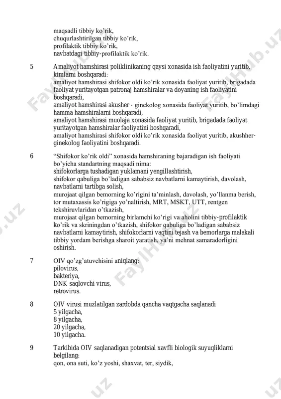 termometr, tonometr, qo’lni dezifektsiya qilish uchun vosita, birinchi yordam ko’rsatish uchun dorilar to’plami, uslubiy ko’rsatmalar, eslatmalar bilan ta’minlanishi zarur, qo’l tarozi, santimetrli lenta, haroratini o’lchash uchun termometr, tonometr, qo’lni dezifektsiya qilish uchun xlor, dorilar to’plami, uslubiy ko’rsatmalar, eskizlar bilan ta’minlanishi zarur. 4 kasalliklar va ularning rivojlanish xavf omillarini aniqlash salomatlik guruhlariga tasniflash bemorlarga tavsiyalar berish maqsadida o’tkaziladigan tibbiy ko’rik majmuasi bu: maqsadli tibbiy ko’rik, chuqurlashtirilgan tibbiy ko’rik, profilaktik tibbiy ko’rik, navbatdagi tibbiy-profilaktik ko’rik. 5 amaliyot hamshirasi poliklinikaning qaysi xonasida ish faoliyatini yuritib, kimlarni boshqaradi: amaliyot hamshirasi shifokor oldi koʼrik xonasida faoliyat yuritib, brigadada faoliyat yuritayotgan patronaj hamshiralar va doyaning ish faoliyatini boshqaradi, amaliyot hamshirasi akusher - ginekolog xonasida faoliyat yuritib, bo’limdagi hamma hamshiralarni boshqaradi, amaliyot hamshirasi muolaja xonasida faoliyat yuritib, brigadada faoliyat yuritayotgan hamshiralar faoliyatini boshqaradi, amaliyot hamshirasi shifokor oldi koʼrik xonasida faoliyat yuritib, akushher- ginekolog faoliyatini boshqaradi. 6 “shifokor koʼrik oldi” xonasida hamshiraning bajaradigan ish faoliyati boʼyicha standartning maqsadi …