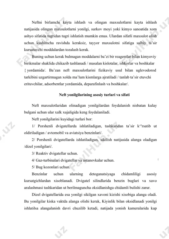 ba’zan neft maxsulotlarini fizikaviy usul bilan uglevodorod tarkibini uzgartirmagan xolda ma’lum kismlarga ajratiladi / tanlab ta’sir etuvchi erituvchilar, adsorbentlar yordamida, deparafinlash va boshkalar/. neft yonilgilarining asosiy turlari va sifati neft maxsulotlaridan olinadigan yonilgilardan foydalanish nisbatan kulay bulgani uchun ular xalk xujaligida keng foydalaniladi. neft yonilgilarini kuyidagi turlari bor: 1/ porshenli dvigatellarda ishlatiladigan, tashkaridan ta’sir k^'rsatib ut oldiriladigan / avtomobil va aviatsiya benzinlari/. 2/ porshenli dvigatellarda ishlatiladigan, sikilish natijasida alanga oladigan /dizel yonilgilari/. 3/ reaktiv dvigatellar uchun. 4/ gaz-turbinalari dvigatellar va ustanovkalar uchun. { 5/ bug kozonlari uchun. benzinlar uchun ularning detoganatsiyaga chidamliligi asosiy kursatgichlardan xisoblanadi. dvigatel silindlarida benzin buglari va xavo aralashmasi tashkaridan ut berilmaguncha oksidlanishga chidamli bulishi zarur. dizel dvigatellarida esa yonilgi sikilgan xavoni kizishi xisobiga alanga oladi. bu yonilgilar kiska vaktda alanga olishi kerak, kiyinlik bilan oksidlanadi yonilgi ishlatilsa alangalanish davri chuzilib ketadi, natijada yonish kameralarida kup mikdordagi yonilgi alanga olib kamerada bosim kutarilib ketadi va dvigatellarni ish …