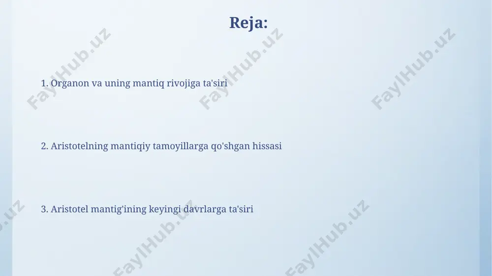 usullarini batafsil bayon qilgan. aristotel mantig'ining kuchli va kuchsiz tomonlari aristotel mantig‘ining kuchli tomoni – 4 asr davomida yevropa falsafasi va ta’lim tizimining asosini tashkil etganligi va uning silogizm nazariyasi orqali deduktiv fikrlashning aniq qoidalari yaratilganligi edi. aristotelning “organon” asarlari (mil. avv. 4-asr, afinada yozilgan) mantiq tarixida muhim rol o‘ynagan bo‘lsada, uning ikkilik qarama-qarshiliklarga asoslangan tizimi zamonaviy ko‘p qiymatli mantiq talablariga javob bermaydi. organon: aristotelning mantiq asarlari to'plami "topiklar" asari ritorikaga oid bo'lsa-da, organonning tarkibiy qismi hisoblanib, argumentatsiya usullarini, 8 ta toifa bilan bahs-munozara olib borishning qoidalari bayon etilgan. "organon" to'plami 6 ta asardan iborat bo'lib, miloddan avvalgi 4-asrda afinada yozilgan va aristotelning mantiqqa oid asosiy qarashlarini aks ettiradi. aristotel mantig'ining keyingi rivojlanishiga ta'siri aristotelning to'g'ri va noto'g'ri silogizmlarni aniqlashdagi yondashuvi keyinchalik 20-asrda kompyuter fanida, xususan, sun'iy intellekt sohasida mantiqiy xulosalarni yaratishda qo'llanildi. aristotel tomonidan ishlab chiqilgan kategoriyalar nazariyasi va uning "organon" asari evropa va yaqin sharqning 12-13 asrlardagi o'rta …