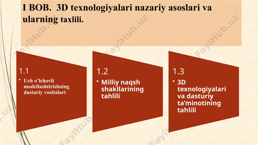 da uch o’lchovli o’byektlarni modellashtirish, animatsiyalash, kameralar bilan ishlash, yorug’lik manbaalari, uch o’lchovli grafikaning asosiy uskunalari va ularning imkoniyatlari to’g’risida talabalarga bilm, malaka va ko’nikmalar berish. 3d max dasturini puxta o’rganish maqsadida milliy naqsh shakllarimizni yaratish hisoblanadi. image1.jpeg image2.jpeg image3.png image4.png image5.png image6.png image7.png image8.png image9.png image10.png image11.png image12.png image13.png image14.png image15.png image16.png image17.png image18.png image19.png image20.png image21.png image22.png image23.png image24.png image25.png image26.png image27.png image28.png image29.png /docprops/thumbnail.jpeg