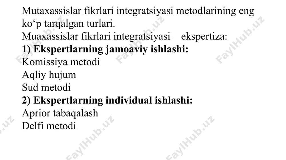o‘llash tartibi quyidagicha. 1. ekspertiza rahbari har bir ekspert oldiga individual vazifani qo‘yadi va rang yoki absolyut baho (ma‘lum tadbirni bajarish vaqti, sarflar, samaradorlik va hakazo) ko‘rinishida ularning baholarini oladi. 2. ekspertlarning individual baholari kamayish yoki o‘sish tartibida joylashtiriladi. 1. ekspertiza rahbari har bir ekspertning oldiga ushbu masalani shaxsan qo‘yadi va ularning bahosini oladi, ya‘ni qaralayotgan misolda tadbirlarni amalga oshirish davomiyligi. 2. ekspertlarning baholarini qayta ishlashda, ular taklif etgan davomiyliklarni o‘sish tartibida joylashtiriladi, masalan: ekspertlar bahosi o‘sish tartibida joylashtiriladi. baholash shkalasida kvantlar belgilanadi q1; mqq2; q3 bunda ekspertlar soni teng to’rga bo‘linadi. guruhlarning har bir a’zosiga olingan quyidagi raqamlar ko‘rsatiladi: q1q12,5; q2qmq 17; q3q21,5 oy va baholarini qayta ko‘rib chiqish taklif qilinadi. agarda yangi baxo q1 dan kichik yoki q3 dan katta bo‘lsa, ekspert o‘z fikrini yozma ravishda asoslash taklif qilninadi. ekspertlar tomonidan (1-tur) tadbirning davomiyligi bo‘yicha baholari, oylarda ikkinchi tur natijalari aniqlanadi: q‘1, m‘, q‘3 larning yangi qiymatlari aniqlanib …