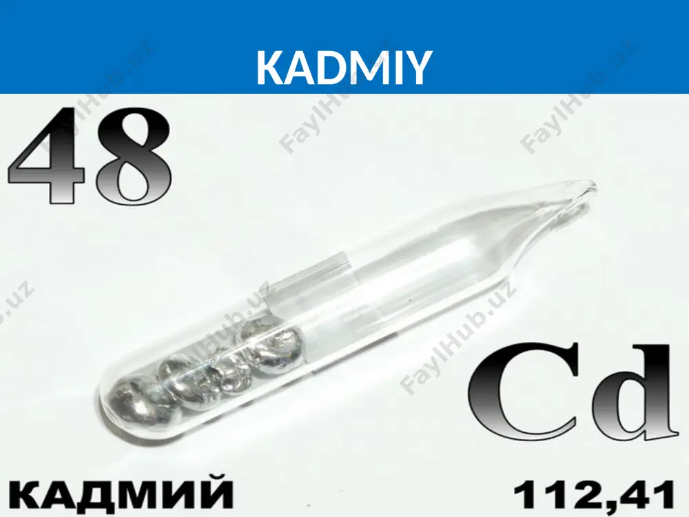 qiladi. kaliy ns1, h2so4 da, ayniqsa, hno, da erib, tegishli tuzlar beradi. ishqorlarda erimaydi. kaliy kislorod, oltingugurt, galogenlar va b. bilan reaksiyaga kirishadi. kaliyning tuzlari, suv va kislotalarda eriydigan birikmalari zaharli. kaliy mis, rux, qoʻrgʻoshin rudalarini qayta ishlashdagi chiqindilardan ajratib olinadi. yadro reaktorlarida, ishqorli akkumulyatorlarda, maxsus qotishmalar tayyorlashda, boʻyoq olishda, temirni kadmiylashda ishlatiladi. adabiyot fedorov p. i., ximiya i texnologiya malix metallov. vismut i kadmiy, m., 1986. kadmiy - unsurlar davriy jadvalining 48 unsuri, metall. image1.png image2.jpeg image3.jpeg image4.jpeg image5.jpeg image6.jpeg image7.png image8.jpeg image9.jpeg image10.jpeg /docprops/thumbnail.jpeg