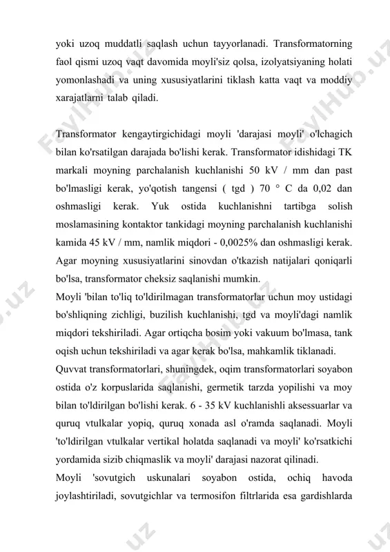 pilishi va moy bilan to'ldirilgan bo'lishi kerak. 6 - 35 kv kuchlanishli aksessuarlar va quruq vtulkalar yopiq, quruq xonada asl o'ramda saqlanadi. moyli 'to'ldirilgan vtulkalar vertikal holatda saqlanadi va moyli' ko'rsatkichi yordamida sizib chiqmaslik va moyli' darajasi nazorat qilinadi. moyli 'sovutgich uskunalari soyabon ostida, ochiq havoda joylashtiriladi, sovutgichlar va termosifon filtrlarida esa gardishlarda vilkalar bo'lishi kerak. fanlar va elektr motorlar tegishli konservalangan qutilarda saqlanadi. uskunani saqlash muddati minimal bo'lishi kerak, chunki saqlash muddati kafolat muddatiga kiradi va uskunaning narxini oshiradi. ideal variant - o'rnatish, uskuna ishlab chiqaruvchidan to'g'ridan-to'g'ri o'rnatish joyiga, saqlash bosqichini chetlab o'tib kelganida. 1.2. transformatorning konstruktsiyasi 1.2.1 transformatorning faol qismi quyidagilardan iborat: magnit yadro, hv, lv, ro sariqlari, hv, lv kranlari va neytral. faol qismning qo'llab-quvvatlovchi tuzilishi bo'lgan transformator novdalarida o'rashlar novdadan quyidagi ketma-ketlikda - lv, hv va ro konsentrik tarzda joylashgan. sariqlar orasidagi izolyatsiya moyli 'to'siqni turiga kiradi. magnit zanjirning sariq va bo'yinturuq halqa nurlaridan o'rashlarni izolyatsiyalash …