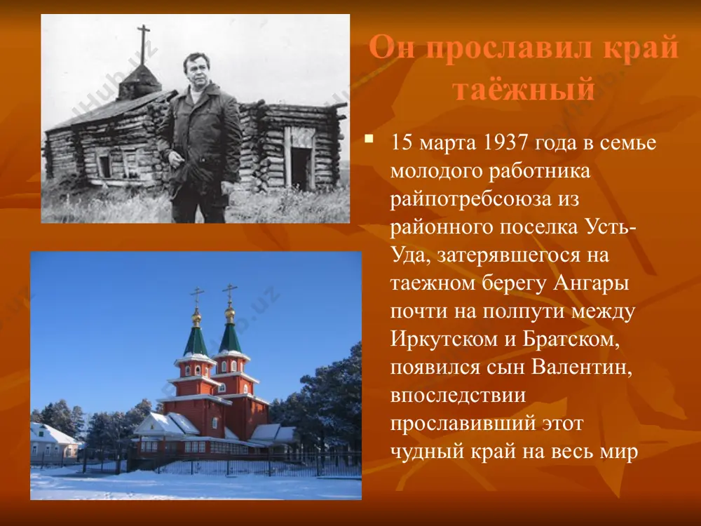 что он угодил на колыму, оставив жену с тремя малолетними детьми на произвол судьбы. усть-удинская средняя школа в аталанке была только четырехлетка. на дальнейшую учебу валентина снарядили в усть-удинскую среднюю школу. взрослел паренек на собственном голодном и горьком опыте, но неистребимая тяга к знаниям и не по-детски серьезная ответственность помогли выстоять. об этом сложном периоде жизни распутин позже напишет в рассказе «уроки французского», удивительно трепетном и правдивом. в аттестате зрелости валентина были только пятерки. спустя пару месяцев, летом того же 1954 года, блестяще сдав вступительные экзамены, он стал студентом филологического факультета иркутского университета, увлекался ремарком, хемингуэем, прустом. о писательстве не помышлял –видно, не пришел еще срок. работа в газете «советская молодёжь» жилось нелегко. думалось о матери и младших. валентин чувствовал себя в ответе за них. подрабатывая на жизнь где только возможно, он стал приносить свои статьи в редакции радио и молодежной газеты. еще до защиты дипломной работы он был принят …