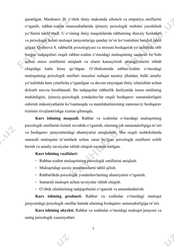 di. boshqaruv samaradorligi ko‘pincha aynan ushbu muloqotning sifatiga bog‘liq bo‘ladi. muloqot tushunchasi keng va murakkabdir. umuman olganda, muloqot deganda ikki yoki undan ortiq shaxslar o‘rtasida axborot, fikr va his-tuyg‘ular almashinuvi tushuniladi. bu jarayon og‘zaki, yozma, imo-ishora, yuz ifodalari va boshqa turli vositalar orqali amalga oshiriladi. boshqaruv sohasida esa muloqot aynan rahbar va xodimlar o‘rtasidagi axborot almashinuvi va tushunishni ta’minlash jarayoni sifatida namoyon bo‘ladi. psixologik nuqtai nazardan muloqotning samaradorligi uning uchta asosiy komponentiga bog‘liq: idrok, tushunish va semantik uyg‘unlik. idrok jarayonida inson tashqi olamdagi ma’lumotlarni o‘z organlari orqali qabul qiladi va ularga ongida shakl beradi. masalan, rahbarning nutqi yoki yozgan xabari xodim tomonidan qabul qilinadi va uning ongida tegishli ma’no shakllanadi. lekin idrok faqat ma’lumotlarni qabul qilish emas, balki ularni tanlab olish va boshqarishdir. rahbar va xodim o‘rtasidagi muloqotning samaradorligi nafaqat ularning o‘zaro axborot almashinuvidan, balki chuqur psixologik jarayonlar, ijtimoiy va hissiy omillardan ham mustahkamlanadi. so‘nggi yillarda psixologiya va boshqaruv fanlari …
