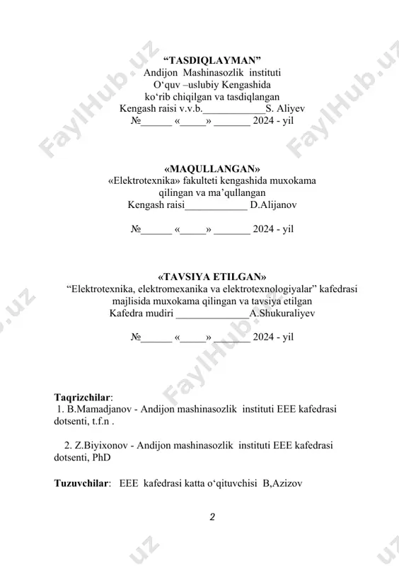 ................................................21 16 -laboratoriya ishi: motorning ishlash rejimlarini uning quvvatiga tasiri …………………………………………………………………..23 foydalanilgan adabiyotlar ………………………………………….27 elektr yuritma laboratoriyasida texnika xavfsizligi qoidalari. elektr yuritma laboratoriyalaridagi laboratoriya dastgohlaridagi elektr qurilmalari bo‘lib undagi ayrim elementlar kuchlanish ostida bo‘ladi. shuning uchun ma’lum bir sharoitlarda, o‘rnatilgan qoidalarni buzish natijasida, laboratoriya dastgohlari insonni elektr toki urishi mumkin bo‘lgan yoki turli ko‘rinishdagi jarohatlanishi mumkin bo‘lgan manbaga aylanadi. inson badani elektr o‘tkazuvchanlikka ega bo‘lganligi sababli kuchlanish ostida bo‘lgan ikkita, elektrdan izolyatsiya qilinmagan elementga tegib ketish natijasida (shunday elementlardan biri elektr mashinasining yoki transformatorning ustki qobig‘i bo‘lishi mumkin) inson badanidan elektr toki o‘tadi. tokning xavfli qiymatlarida bu narsa yoki kuchli qo‘yishga (elektr jarohat), yoki inson organizmidagi (jismidagi) asab, yurak va nafas olish yo‘llarini lat yeyishiga olib keladi (elektr zarbasi). elektr toki bilan shikastlanish oqibati yomon bo‘lib, baozan o‘lim bilan yakunlanishi ham mumkin. talabalar elektr yurtma bilan ishlashining o‘ziga xos xususiyati shundan iboratki, texnika xavfsizligi qoidalariga rioya qilmasligi natijasida faqatgina elektr …