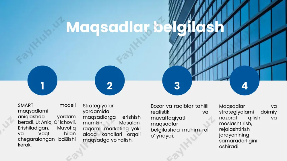 amarali marketing strategiyalarini ishlab chiqish uchun asos bo'ladi. bozor tahlilining asosiy elementlari bozor tahlilining asosiy komponentlari: raqobatchilar, iste'molchilar va tendensiyalar. raqobatchilarni tahlil qilish orqali bozor ulushini va kuchli tomonlarni aniqlash mumkin. iste'molchilar ehtiyojlari va xatti-harakatlarini o'rganish, mahsulot yoki xizmatni optimallashtirishga yordam beradi. tendensiyalarni kuzatish, bozor imkoniyatlarini va muammolarini aniqlashda muhimdir. swot tahlili (kuchli va zaif tomonlar, imkoniyatlar va tahdidlar) kompaniyaning ichki va tashqi muhitini baholash uchun keng qo'llaniladi. bozor segmentatsiyasi esa, ma'lum bir mijoz guruhlarini aniqlash va ularning ehtiyojlariga mos strategiyalar ishlab chiqishga imkon yaratadi. bu elementlar marketing rejalashtirishda muhim ahamiyatga ega. maqsadlar va tahlil o'rtasidagi bog'lanish maqsadlar va bozor tahlili o'rtasidagi bog'liqlik strategik marketing rejasining muhim qismidir. tahlil natijalari asosida maqsadlar va imkoniyatlar belgilanishi muhim. tahlil natijalaridan kelib chiqib, maqsadlarni yangilash jarayoni bozor sharoitlariga moslashish va raqobatbardoshlikni ta'minlash uchun zarur. bu jarayon strategiyani yanada samarali qiladi. bozor tahlilining roli faol bozor sharoitlarini tushunish, raqobatchilarni o'rganish va mijoz ehtiyojlarini aniqlashdan …