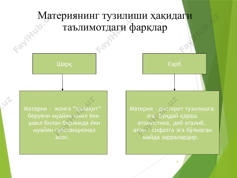 мги ҳиндистон фалсафасининг онтологияси. қадимги ҳиндистон фалсафасининг онтологияси хусусиятлари • қадимги ҳиндистон онтологияси (борлиқ ҳақидаги таълимот) рита қонунига асосланади ­ космик эволюция, цикллик, тартиб ва ўзаро боғлиқлик қонуни. • борлиқ ва йўқлик брахма-коинотнинг (яратувчи худо) нафас олиши ва чиқариши билан боғланади.бытие и небытие ассоциируются соответственно с выдохом и вдохом брахмы- космоса (бога-творца). ўз навбатида, брахма-коинот 100 космик ҳаёт (8640000000 ер ҳаёти) яшайди, шундан сўнг у улади ва абсолют йўқлик юзага келади, бу холат 100 космик йил давом этади – брахманинг янги туғилганича. • чексиз тарих - бу коинот (маха ман-вантара)нинг ва абсолют йўқликнинг ҳаётининг кетма-кетлигида белгиланади, улар хар 100 космик йилда алмашишади. брахманинг хар бир янги туғилишида ҳаёт яна пайдо бўлаверади, хар сафар янада мукаммалроқ шаклда. • олам ўзаро боғлиқ. хар бир ҳодиса (инсон харакати, табиат ҳодисаси) коинот ҳаётига таъсир этади. ривожланиш, эволюция мақсади – материал шаклларнинг доимий алмашинуви орқали мукаммал руҳга етишиш. қaдuмги ҳиндистон фалсафасu 10 11 веда"лар тўртта …