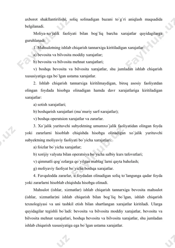 angan xarajatlar kiritiladi. ularga quyidagilar tegishli bo`ladi: bevosita va bilvosita moddiy xarajatlar, bevosita va bilvosita mehnat xarajatlari, boshqa bevosita va bilvosita xarajatlar, shu jumladan ishlab chiqarish xususiyatiga ega bo`lgan ustama xarajatlar. mahsulot (ishlar, xizmatlar)ning ishlab chiqarish tannarxini hosil qiluvchi xarajatlar ularning iqtisodiy mazmuniga ko`ra quyidagi elementlar bilan guruhlarga ajratiladi: 1. ishlab chiqarish moddiy xarajatlar (qaytariladigan chiqitlar qiymati chiqarib tashlangan holda); 2. ishlab chiqarish xususiyatiga ega bo`lgan mehnatga haq to`lash xarajatlari; 3. ishlab chiqarishga tegishli bo`lgan ijtimoiy sug`urtaga ajratmalar; 4. asosiy fondlar va ishlab chiqarish ahamiyatiga ega bo`lgan nomoddiy aktivlar amortizatsiyasi; 5. ishlab chiqarish ahamiyatiga ega bo`lgan boshqa xarajatlar. 1. moddiy xarajatlar xarajatlarning eng muhim va asosiy qatori hisoblanadi. ularning jami xarajatlar tarkibidagi salmog`i ishlab chiqarish, faoliyat xususiyatlaridan kelib chiqadi. sanoat bo`g`inida moddiy xarajatlar salmog`i 60-70 foizgacha tashkil etadi. ishlab chiqarish bilan bog`liq bo`lgan moddiy xarajatlar tarkibiga quyidagi xarajatlar kiritiladi. moddiy xarajatlar tarkibi ishlab chiqariladigan mahsulotning asosini tashkil etib uning tarkibiga …