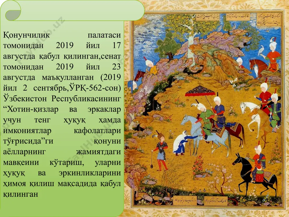 олалар тарбиясининг асосий омилига айлантирилган. бадиий ҳунармандчилик ва бадиий тасвир мактаблари жун ва матоларни тайёрлаш маҳоратига ўргатадиган мактаблар ҳунармандчилик, бадиий безаш мактаблари мусиқий санъат мактаблари қизлар ва аёллар жисмоний тарбия мактаблари “авесто” ўз моҳиятига кўра диний асар, аммо у инсониятда табиатга нисбатан ҳурмат ҳиссини уйғотиб, она-заминга табиатнинг ажралмас бир бўлаги сифатида қарашни ўргатади. шу сабабдан, асарга нисбатан нафақат ўтмиш аждодларнинг диний мероси сифатида қараш, балки қадим тарихи, маданияти ва тафаккур тарзини ўрганиш учун жуда муҳим бўлган бебаҳо ва тарихий манба сифатида қараш тўғри бўлади. “аvestoda “ nikohga va oila qurishga tayyorgarlik jarayonida qiz bola tarbiyasiga alohida e’tibor berilgan . qiz balog’atga yetguncha , o’z davrining barcha hunarlarini bilishi, chorva mollariga qarashi , parvarishlashi, uy ro’zg’or yumushlarini mukammal tarzda ado etishi, pokiza, ozoda yurishi shart bo’lgan. oilada qizlarga hunar o’rganish , o’qitib bilim berish qat’iy yo’lga qo’yilgan . zeroki o’qimishli , hunarmand qiz o’z kasbi, bilimi bilan dastlab ota-ona xonadonini obod, …