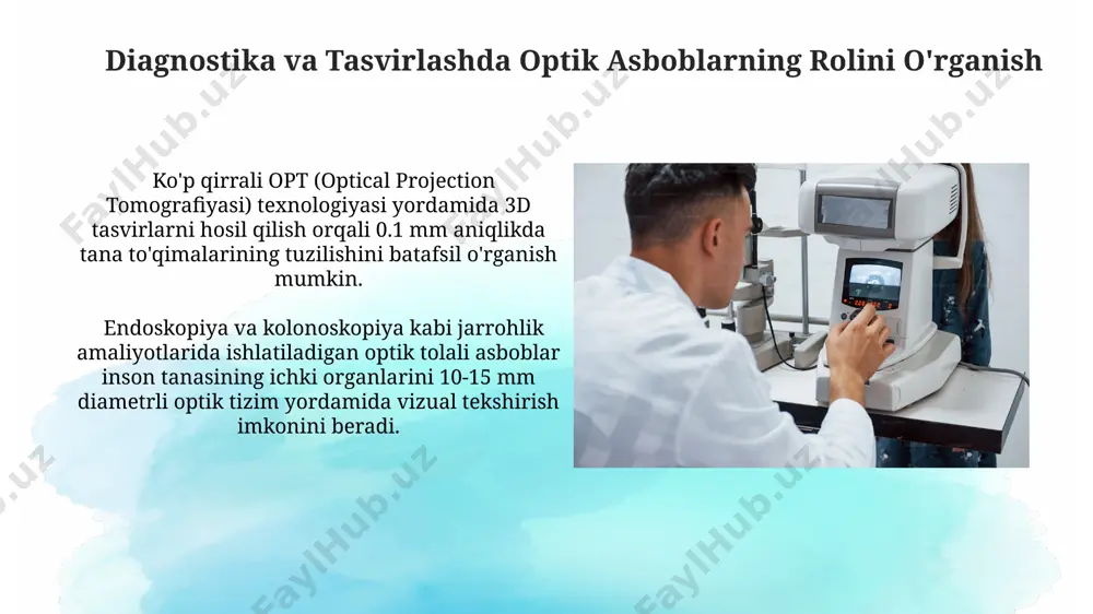 ng fiziologik xususiyatlarini hisobga olmaslik operatsiyaning muvaffaqiyatsizligiga olib kelishi mumkin. onkologiya va radioterapiyada optik texnologiyalar onkologiya va radioterapiyada yuqori aniqlikdagi optik tasvirlash tizimlari, masalan, 3d konfokal mikroskopiya, saraton hujayralarining 10 mikrometrgacha bo'lgan aniqlikda vizualizatsiyasini ta'minlaydi, bu aniq diagnostika va individual terapiya rejalashtirish imkonini beradi. radioterapiyada ishlatiladigan lineak tezlatgichlar, 0,1 mm gacha aniqlik bilan nurlanish nishonini aniqlash uchun murakkab optik tizimlardan foydalanadi, bu sog'lom to'qimalarga zarar yetkazmasdan saraton hujayralarini yo'q qilishga imkon beradi. aniq optik asboblarning tibbiyotdagi ahamiyati biomikroskopiya va konfokal mikroskopiya kabi aniq optik texnologiyalar hujayra darajasida tasvirlarni olish imkonini berib, saraton kasalliklarini erta bosqichda aniqlash va 5 yillik omon qolish ko'rsatkichini oshirishga yordam beradi. ko'z kasalliklarini aniqlash va davolashda yuqori aniqlikdagi oftalmoskoplar va boshqa optik asboblar muhim ahamiyatga ega bo'lib, 90% dan ortiq aniqlik bilan diagnostika qo'yishga yordam beradi. tibbiyotda optik asboblardan foydalanishning iqtisodiy aspektlari aniq optik asboblarning samaradorligi tufayli diagnostika va davolash xarajatlari 15-20% ga kamayishi mumkin, bu …