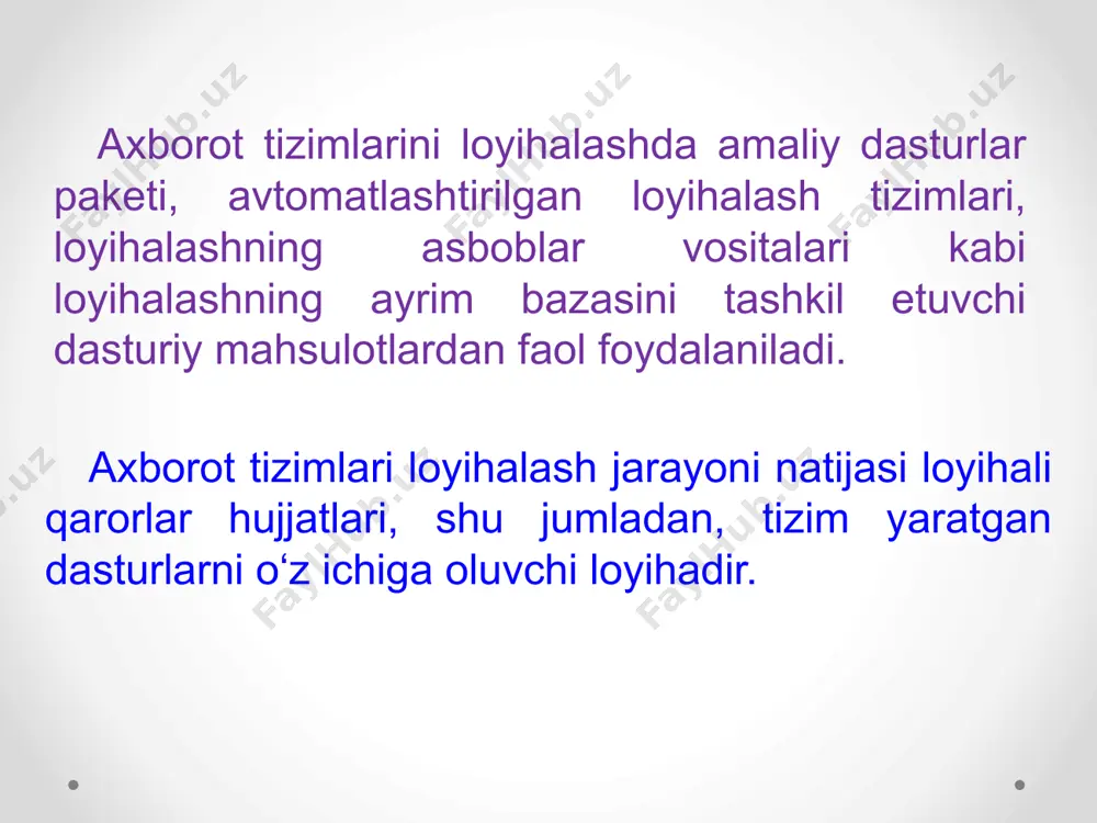 lotlar vaqt rivojlanish tezligini nazorat qiladigan ekstremal loyiha boshqaruvidan foydalanishadi. samarali rejalashtirish uchun loyiha jadvaliga, loyiha rahbari quyidagi elementlarni belgilaydi: maqsadlari, vazifalari va taxminlar birgalikda loyiha maydoni deb ataladi, kerakli harakatlari har bir faoliyat uchun vaqt hisob-kitoblarga ko‘ra, har bir faoliyat uchun iqtisodiy bashorat harakat tartibi bir vaqtning o‘zida sodir bo‘l ishi mumkin bulgan faoliyat turi . bu elementlar belgilangandan so‘ng odatda loyiha rahbari loyiha rejasiga qo‘shib qo‘yadi. loyiha rahbarlari loyiha boshqaruv dasturidan rejalashtirish va nazorat qilish uchun foydalanishadi. loyihani texnik va tashkiliy ta’minoti quyidagilardan tashkil topgan: loyihani amalga oshirishda usul va uslublarni tanlashni; oraliq xolatlarni ishlab chiqish usullarini aniqlash; yaratilgan dasturiy ta’minotning sinovdan o‘tkazish usul va uslublarini ishlab chiqish; personalni o‘qitish. axborot tizimlarining loyihalash bosqichlari axborot tizimlarini loyihalashning asosiy bosqichlari quyidagilardan iborat: 1) ob’ektning xususiyatini tasvirlash; 2) axborot tizim arxitekturasini loyihalash; 3) axborot tizim bevosita yaratish; 4) tizimni testdan o‘tkazish; 5) foydalanish va kuzatish axborot tizimlarining loyihalash bosqichlari ob’ektning …