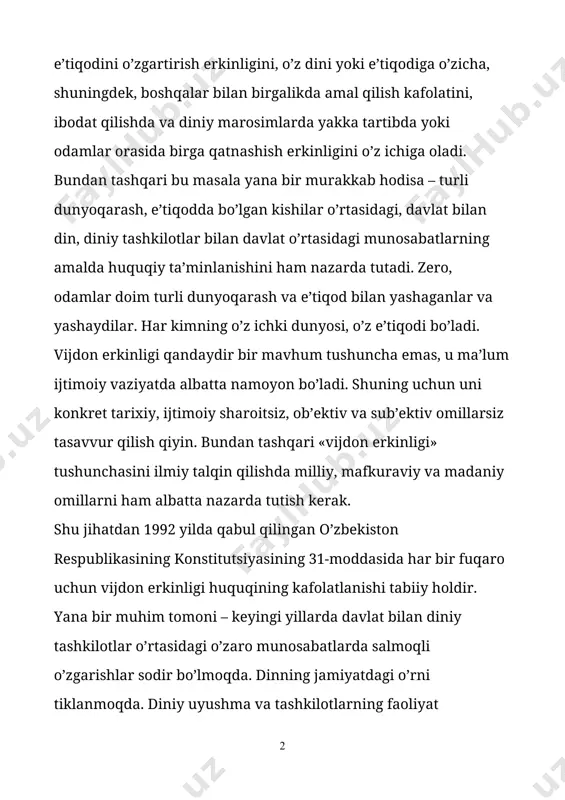 avvur qilish qiyin. bundan tashqari «vijdon erkinligi» tushunchasini ilmiy talqin qilishda milliy, mafkuraviy va madaniy omillarni ham albatta nazarda tutish kerak. shu jihatdan 1992 yilda qabul qilingan o’zbekiston respublikasining konstitutsiyasining 31-moddasida har bir fuqaro uchun vijdon erkinligi huquqining kafolatlanishi tabiiy holdir. yana bir muhim tomoni – keyingi yillarda davlat bilan diniy tashkilotlar o’rtasidagi o’zaro munosabatlarda salmoqli o’zgarishlar sodir bo’lmoqda. dinning jamiyatdagi o’rni tiklanmoqda. diniy uyushma va tashkilotlarning faoliyat ko’rsatishlariga imkoniyat yaratilmoqda. qator tarixiy obidalar diniy tashkilotlar ixtiyoriga o’tkazildi, yangi masjidlar ochilmoqda. diniy tashkilotlarning xalqaro aloqalari kun sayin kengayib bormoqda. mustaqillik yillarida vijdon erkinligi printsiplarini tiklash va unga og’ishmay amal qilish davr, kundalik hayot talabi va zaruriyatiga aylanib qoldi. 1991 yilda o’zbekiston respublikasi oliy majlisi «vijdon erkinligi va diniy tashkilotlar to’g’risida»gi qonunni qabul qildi. 1998 yilda bu qonunning yangi tahriri qabul qilinib, 15 may kuni matbuotda e’lon qilindi va shu kundan e’tiboran u kuchga kirdi. mazkur qonun 23 moddadan iborat. uning …