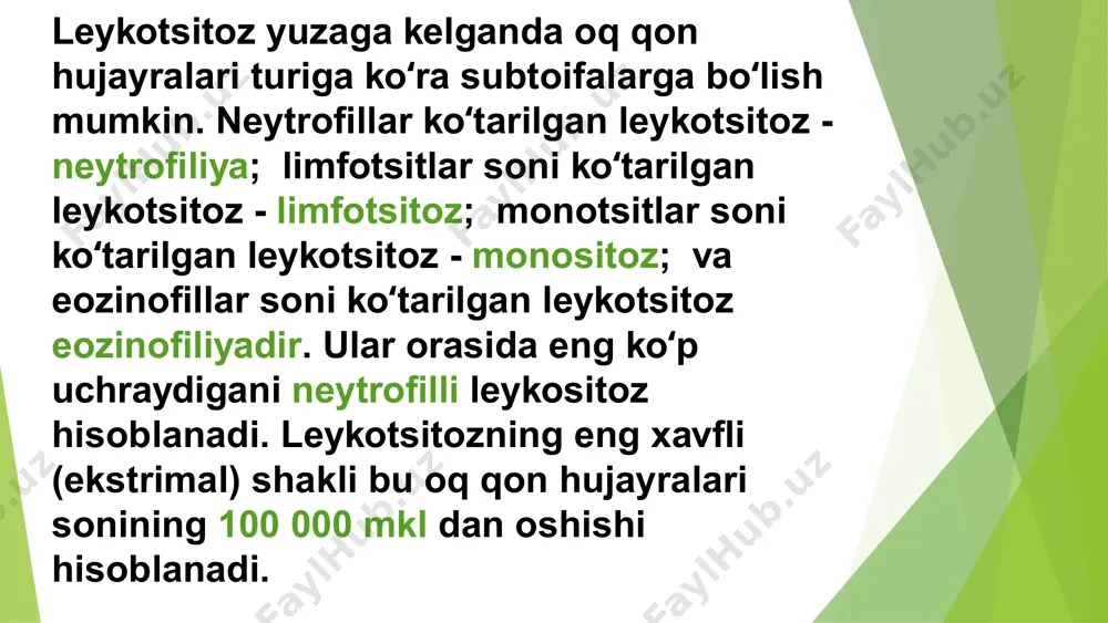 lazmatik nisbati 4:1-8:1, yadrosi yumaloq, xromatin strukturasi dag‘al, bo‘laklangan, sitoplazmasi bazofil, yupqa. morfologiyasi bo‘yicha limfotsitlar kichik, o‘rta va katta bo‘ladi. limfotsitlar funksiyasi: plazmatik hujayraga aylanadi va antitelo ishlab chiqaradi, yot, saraton hujayralari, virus, sodda hayvonlarga leykotsitoz (leukocytosis) bu leykotsitlar sonining fiziologik chegaradan ortib ketishidir (odatda 10 000 dan yuqori/mkl). sabablari: yallig‘lanish jarayonlari (infeksiyalar: bakterial, virusli, zamburug‘li) allergik reaksiyalar gormonlar ta’siri (masalan, kortikosteroidlar) leukemiyalar – qon yasalish tizimi kasalliklari, bu yerda ayniqsa blast hujayralar ko‘payadi. stress va jismoniy zo‘riqish leykotsitlar sonining normadan kam bo‘lishi (odatda <4000/mkl). sabablari: virusli infeksiyalar (masalan, gepatit, oiv) kimyoterapiya yoki radiatsiya ta’siri autoimmun kasalliklar aplazik anemiya – suyak iligi faoliyatining yetishmovchiligi toksik moddalar (benzol, dorilar) leykotsitlarning dismetabolik o‘zgarishlari bu holatlar hujayraning ichki metabolizmidagi buzilishlar bilan bog‘liq: fagotsitozning buzilishi – neyrofil va monotsitlarning bakteriyalarni yutish yoki hazm qilish qobiliyati pasayadi. oksidlovchi portlashning buzilishi – superoksid va boshqa reaktiv kislorod turlari ishlab chiqarilishi kamayadi. glikogen zahiralarining kamayishi – energiya …