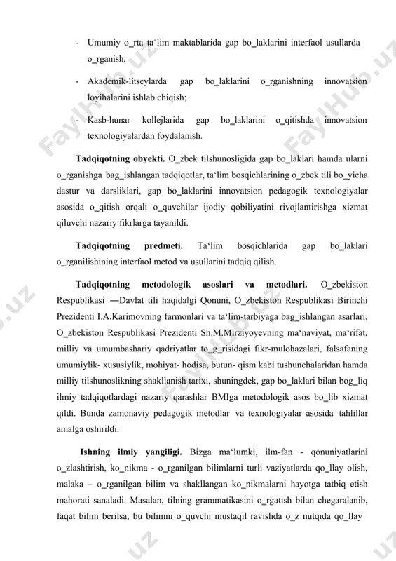 ing mazmuni 1.1 gap bo„laklarini o„qitishning nazariy asoslari mustaqil fikrli, ma‘naviy yetuk shaxsni tarbiyalashda ona tili ta‘limining o‗rni beqiyos. ma‘lumki, ona tili ta‘limining bosh maqsadi o‗quvchilarda og‗zaki va yozma nutq ko‗nikmasini, to‗g‗ri va ifodali fikrlash malakasini tarkib toptirish, ularni imlo va uslubiy jihatdan savodxon qilishdan iborat. ―umumiy o‗rta ta‘lim maktablari ona tili konsepsiyasi‖da ham fanni o‗qitishdan ko‗zlangan asosiy maqsad: ―o‗quvchilarda ijodiylik, mustaqil fikrlash, fikrini og‗zaki va yozma shakllarda to‗g‗ri, ravon ifodalash ko‗nikmalarini shakllantirish va rivojlantirishdan iboratdir‖, - deya qayd qilinadi. bu xususida ayub g‗ulomov shunday deydi: ―o‗quvchi va talabalarni ona tili darslarida mustaqil, ijodiy fikrlashga o‗rgatish, ular ongida ma‘naviy-ma‘rifiy inqilob qilishga intilish lozim‖3. u, shuningdek, ―zotan, chinakam mustaqil, ijodiy tafakkurni grammatikasiz, faqat so‗z yoki iboralarni yodlatish, matn o‗qitish orqaligina shakllantirishning aslo imkoni yo‗qligini‖4 ta‘kidlab o‗tadi. zero, o‗zbek xalq maqollarida aytilganidek, uy mustahkamligi uning poydevoriga bog‗liq. bizning ravon nutqimiz esa sintaksis birligi bo‗lgan gaplardan tuziladi. sintaksisda asosiy mazmun va mohiyat gapga …