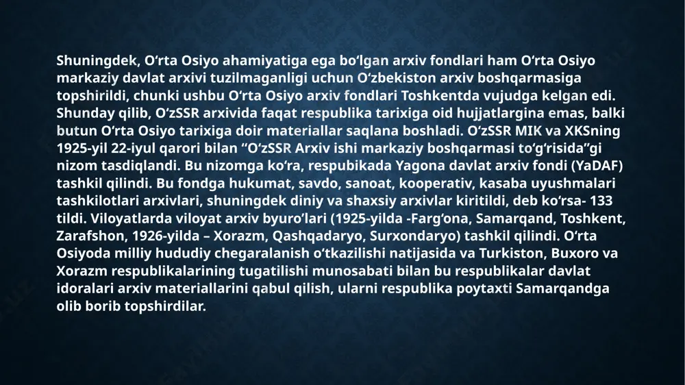 arda 40 yil davomida saqlanishi kerak.doimo har bir shaxsning hayoti va faoliyati davomida uning ixtiyorida ma’lum hujjatlar to’planadi. bu hujjat va materiallar o’sha fuqaroning shaxsiy arxivini tashkil etadi. unday arxivlar garchi fuqarolarning shaxsiy mulki bo’lsa-da, ularda davlat ahamiyatiga molik hujjatlar ham saqlanishi ehtimoldan holi emas. shuning uchun ham bunday hujjatlar ekspertiza qilingandan so’ng o’zbekiston milliy arxivi fondiga kiritiladi va bu hujjatlarning egalarining saqlanishini ta’minlashlari zarur. shaxsiy arxivlardagi bunday hujjatlarni egasining roziligi bilan mulk huquqi saqlangan holda davlat arxivlari, muzey va kutubxonalarda shartnoma asosida doimiy yoki depozitar (vaqtincha) asrovga olinishi mumkin. 3.arxiv muassalarida ilmiy-taqqiqot ishlarini tashkil etish. bugungi kunda arxiv fondida saqlanayotgan shaxsiy fond hujjatlaridan turli tadqiqotchilar, talabalar o‘zlarining malakaviy bitiruv ishlarida turli materiallar, matbuot xizmati xodimlari esa ilmiy-ommabop maqolalar tayyorlab kelmoqdalar. bu esa respublikamiz ilm-fan taraqqiyoti rivojlanishida o‘zining beminnat hissalarini qo‘shgan fan arboblari, va olimlarning ilmiy yo‘llarini tadqiq etish imkoniyatini beradi. arxivda shu yo‘nalishni rivojlantirish maqsadida hozirda arxivning asosiy yo‘nalishi …