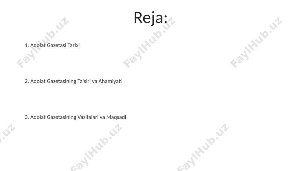 osan qonunlar va qarorlarning qisqacha mazmunini e'lon qilishga qaratilgan edi. kelajak rejalari va taraqqiyot yo'llari "kelajak rejalari va taraqqiyot yo'llari" maqolasida 2023-yil uchun toshkent shahrida amalga oshiriladigan 5 ta yirik infratuzilma loyihasi haqida batafsil ma'lumot berilgan bo'lib, ularning umumiy qiymati 150 million aqsh dollaridan oshadi. maqolada andijon viloyatida 2024-yilga qadar 1000 dan ortiq yangi ish o'rinlari yaratilishini ko'zda tutuvchi, 3 ta zamonaviy to'qimachilik korxonasini qurish rejalari aks etgan. nashrning maqsadi va vazifalari "adolat" gazetasining asosiy maqsadi, 200 dan ortiq huquqshunos mutaxassislarning ishtiroki bilan, o‘zbekistonning barcha viloyatlaridagi fuqarolarga huquqiy maslahatlar berish va 500 dan ziyod qonun hujjatlarini soddalashtirilgan holda tushuntirishdan iborat. gazeta, toshkent shahrida joylashgan bo‘lib, 10 yildan ortiq vaqtdan beri faoliyat olib borib, 30 mingdan ziyod odamga huquqiy bilimlarni yetkazdi va 1500 dan ortiq huquqiy masalalarni yoritib berdi. e'tiboringiz uchun rahmat @taqdimot_robot image4.jpg image5.jpg image6.jpg image7.jpg image8.jpg image9.jpg image10.jpg image1.jpeg image2.jpeg