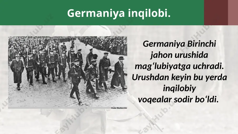 bo‘lib o‘tgan prezidentlik saylovlarida gindenburg g‘olib chiqdi. gitler undan sal ortda qoldi. reyxstagga bo‘lib o‘tgan saylovlarda natsional-sotsialistlar g‘olib chiqib, eng yirik parlament partiyasiga aylandi. paul von gindenburg 1933-yil 30-yanvarda prezident paul fon gindenburg reyxstagda (parlament) eng katta fraksiyaga ega bo‘lgan natsional-sotsialistlar yo‘lboshchisi adolf gitlerni reyxskansler (hukumat boshlig‘i) lavozimiga tayinladi. 1936 – 1939-yillari germaniya iqtisodiyoti to‘liq urush maqsadlariga bo‘ysundirildi, harbiy xarajatlar 10 barobar oshirildi, qo‘shinlar soni 1914-yil darajasiga yetkazildi, harbiy-dengiz floti isloh qilindi. 1939-yil 1-sentabrda germaniya polshaga bostirib kirdi. ikkinchi jahon urushi boshlandi. nemis qo‘shinlari polsha chegarasini buzib o‘tmoqda. 1939-yil 1-sentabr. savol va topshiriqlar 1. birinchi jahon urushidagi mag‘lubiyat germaniyada qanday iqtisodiy va ijtimoiy muammolarni keltirib chiqardi? 2. germaniyada fashistlarning birinchi chiqishi – «pivo isyoni» qanday natija bilan yakunlandi? 3. «daues rejasi» qanday maqsadga qaratilgan edi? u kapitalistik dunyoda iqtisodiy va siyosiy barqarorlikni ta’minlashga olib keldimi? 4. gitler boshchiligidagi natsional-sotsialistlar hokimiyatga kelgandan keyin qanday siyosiy-iqtisodiy tadbirlarni amalga oshirdi? italyan fashizmi va …