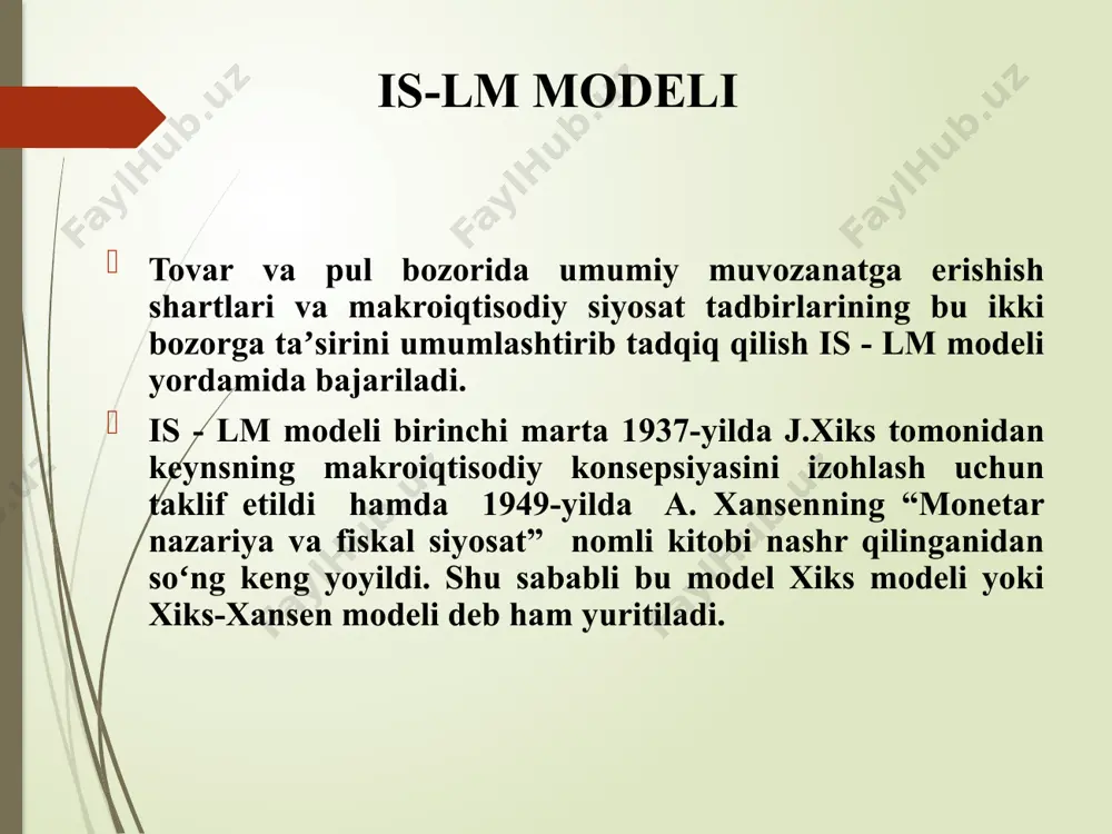 i is tenglamasini isteʼmol, investitsiya va sof eksport funksiyalari tenglamalarini asosiy makroiqtisodiy ayniyatga qoʻyib, uni r va y ga nisbatan yechib topiladi. r ga nisbatan topilgan is tenglamasi: a+ e + g 1-b (1-t) + m` 1 b r = ---------------- - ----------------------- y + ------------ g - --------- ta , d+n d +n d +n d+n bu yerda t = ta + t y y ga nisbatan topilgan is tenglamasi: a + e + g 1 b d+n y = ----------------- - ------------- g - ----------------ta - ----------------- r 1-b (1-t) + m` 1-b (1-t) + m` 1-b (1-t)+ m` 1-b (1-t) + m` bu yerda t = ta + t y (1-b (1-t) + m`)/ (d+n) is egri chizigʻining y oʻqiga nisbatan ogʻish burchagini koʻrsatadi va fiskal hamda pul kredit siyosati samaradorligining nisbiy parametrlaridan biri hisoblanadi is-lm modeli lm egri chizigʻi oʻzgarmas narxlar sharoitida pul vositalari bozorida vujudga …