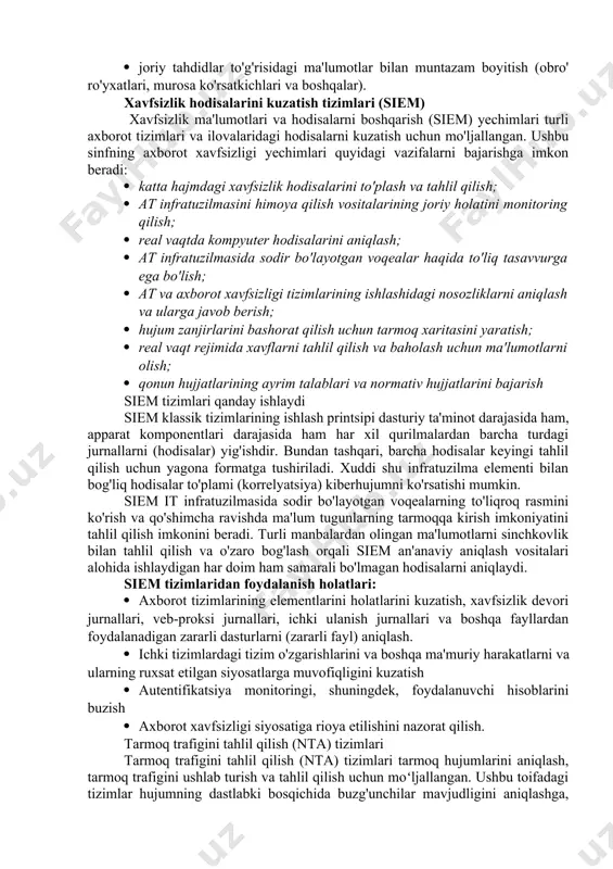 as. yangi avlod xavfsizlik devorlari(ngfw) amaliyot printsipi asosan paketli filtrlash va tarmoq ulanishlarini boshqarishdan iborat bo'lgan an'anaviy xavfsizlik devorlari yangi avlod yechimlari bilan almashtirildi. yechimlar sinfi uzoq vaqt oldin paydo bo'lgan, ammo uni zamonaviy aniqlash texnologiyalari to'plamida ham ko'rib chiqishga arziydi. yangi avlod xavfsizlik devorlari klassik xavfsizlik devori va yanada ilg'or texnologiyalarning funktsiyalarini birlashtiradi ngfw ilovasi ichida : · application layer firewall (waf) funksiyalari; · tahdidlarni aniqlash va blokirovka qilish uchun tarmoq trafigini tahlil qilish (ips); · turli darajadagi protokollar bilan shifrlangan trafikni to'liq matnli tahlil qilish (tekshirish); · trafikni cheklash va ustuvorlik qilish qobiliyati - xizmat sifati (qos); · ajratilgan muhitda fayllarning xatti-harakatlarini tahlil qilish; · joriy tahdidlar to'g'risidagi ma'lumotlar bilan muntazam boyitish (obro' ro'yxatlari, murosa ko'rsatkichlari va boshqalar). xavfsizlik hodisalarini kuzatish tizimlari (siem) xavfsizlik ma'lumotlari va hodisalarni boshqarish (siem) yechimlari turli axborot tizimlari va ilovalaridagi hodisalarni kuzatish uchun mo'ljallangan. ushbu sinfning axborot xavfsizligi yechimlari quyidagi vazifalarni bajarishga imkon …