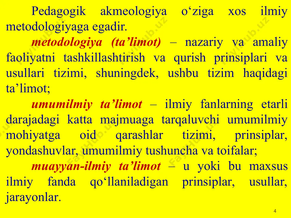 shdir. * tadqiqot odatdagi kabi amaliyotga tatbiq qilinmaydi, yoki u tomonidan tasdiqlanmaydi, balki keyingi bosqichi akmeologik qo‘llab-quvvatlashdan iborat bo‘lgan kompleksning vazifaga oid mustaqil bo‘g‘imi bo‘lib xizmat qiladi. akmeologik qo‘llab-quvvatlash diagnostik va tadqiqot bosqichi kabi, shaxsning hozirda mavjud bo‘lmagan, biroq, kelajakdagi maqbul holati, maqbul modeli bilan ham bog‘liq. kompleks bo‘g‘imlari izchil ravishda va bir vaqtning o‘zida nazariy maydonda ochib berilgan. * tizimli yondashuv. tizimli yondashuvni ishlab chiqish xx asrning bertalanfi, eshbi, parsons (sotsiologiyada) nomlari, hamda kibernetika, semantika, sotsiologiya, psixologiya bilan bog‘liq bo‘lgan asosiy modernistik tamoyilni ifodalaydi. tizimlilik prinsipi dastavval qonuniyatlar, aloqalar, tuzilmalarni izlashda ifodalagan holda muvofiq fanlar metodologiyalarida implitsit ravishda mavjud bo‘lgan. ma’lum bosqichda, fan metodologiyasining maxsus sohasida rivojlanishida u refleksiya predmetiga, ilmiy bilimning o‘ziga xos mantig‘iga aylanadi. n.f.ovchinnikov, v.n.sadovskiy, g.p.shedroviskiy, e.g.yudin va mamlakatimizning boshqa faylasuflari va ta’limotchilari tizimlilik prinsipini anglash va aniqlashtirishga ulkan hissa qo‘shdilar. * psixologiyada tizimlilik prinsipining rivojlanishi, uning asosiy holatlarini psixologiya muammolarini hal etish bilan birgalikda ishlab …
