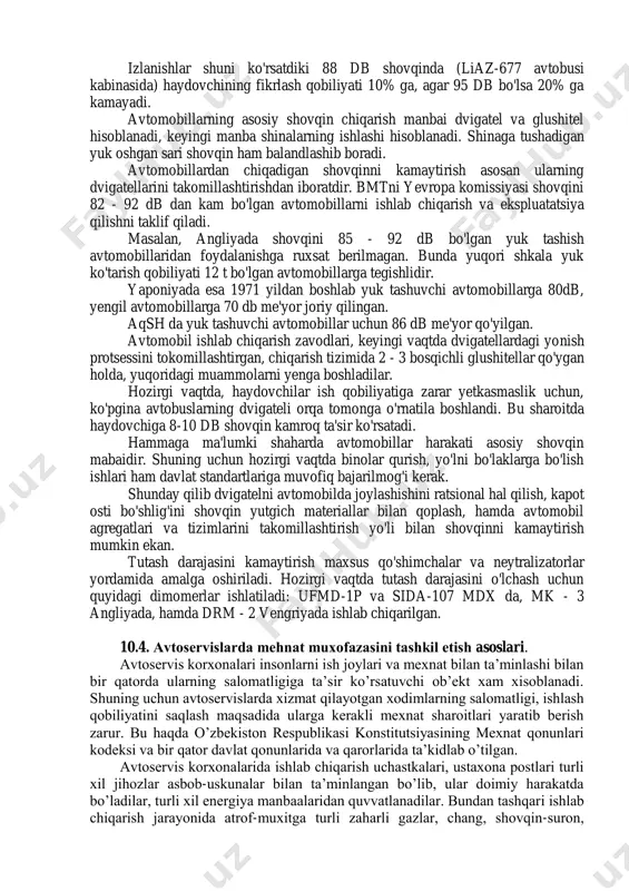 chiqindi gazlar me'yoridan yuqori emasligi qayd qilinishi zarur. 10.3. shovqin. shovqinning insonga ta'siri. avtomobillar texnik holatining shovqin darajasiga ta'siri. shovqinni me'yorga keltirish usullari. avtomobillarda ishlashi natijasida chiqadigan zaharli gazlar bilan bir qatorda, undan chiqadigan shovqin ham kishi organizmiga ta'sir ko'rsatadi. yuqoridagi keltirilgan jadvalda ko'pincha uchraydigan shovqin balandliklari ko'rsatilgan. tovush manbai balandligi, db samalyot dvigateli, 5m masofada zavod shovqinlari orkestr,metroda mashinkada yozuvchi tashkilot (mashbyuro) shovqinli ko'chalar soat ishlashi,50sm masofada barglarning shovqini 116 200-100 80 60-80 60-90 va yuqori 30 10 shovqin balandligi ko'tarilishi bilan, unda odamlarning ishlash muddati keskin kamayadi. agar shovqin balandligi 90 db bo'lsa, unda odam 8 soat ishlashi mumkin. shovqin balandligi har 5 db ga ortishi bilan unda odamlarning ishlashi 2 barobar kamaya boradi. 115 db shovqinda odam 15 min bo'lishi mumkin. agarda shovqin 140 db ga yetsa, bu inson uchun havfli hisoblanadi va odam qulog'ida og'riq paydo bo'ladi, hamda jarohatlanishi mumkin va ishlash taqiqlanadi. avtomobillarni shovqini natijasida …