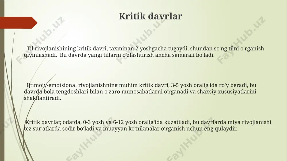 ar orasidagi farqlar ko'pincha ijtimoiy-madaniy omillar va ta'lim uslublari bilan bog'liq. erkak va urg'ochi bolalar miya tuzilishi va faoliyatida genetik jihatdan aniqlangan farqlar mavjud bo'lib, bu ularning kognitiv rivojlanishiga 5-10% ta'sir qiladi. til rivojlanishi maktabgacha yoshdagi bolalarning til rivojlanishiga ta'sir etuvchi omillar orasida oilaviy muhit, ijtimoiy aloqalar va o'qitish uslublari hamda taqlid orqali so'z boyligining 1000 dan ortiqqa yetishi muhim ahamiyat kasb etadi. til rivojlanishida 2-3 yosh oralig'ida grammatik tuzilmalarni o'zlashtirish, jumlalarni tuzish va sodda hikoyalarni aytib berish ko'nikmasi rivojlanadi; so'z boyligi 200-300 ga yetadi. til rivojlanishining 1-bosqichi, ya'ni 0-1 yosh, chaqaloqning faol tinglash va tovushlarni taqlid qilish orqali 50 ga yaqin so'z boyligini shakllantirish bilan tavsiflanadi. shaxsiyat shakllanishi shaxsiyat shakllanishida irsiy omillar 50% ga, atrof-muhit omillari esa 50% ga ta’sir ko‘rsatadi, bu jarayon davomida ijtimoiylashuv muhim rol o‘ynaydi. o‘smirlik davrida (12-18 yosh) o‘zlikni anglash, identifikatsiya jarayoni kuchayib, o‘ziga xos qadriyatlar tizimi va dunyoqarashi shakllanadi, bu jarayon 4 ta asosiy …