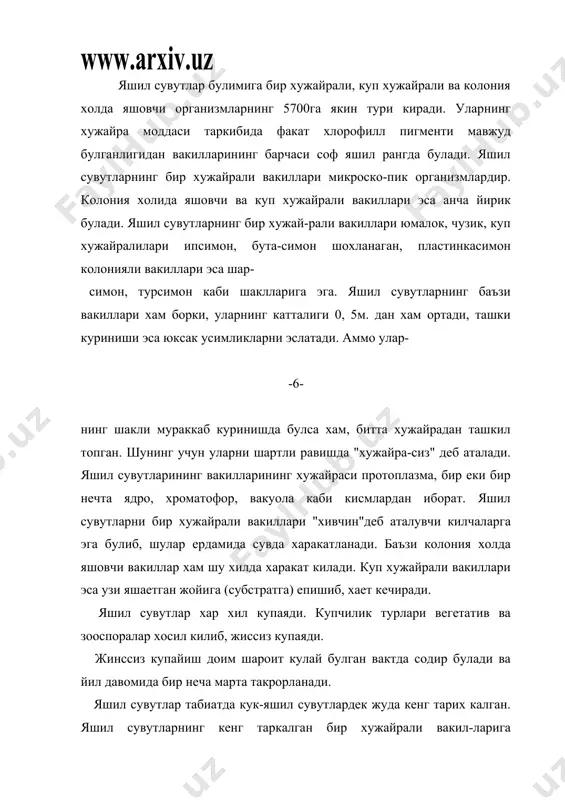 рга – вольвокс, эвдорина, пандорина, сув тури кабиларни ва нихоят «хужайрасиз» вакилла-рига – вошерия, каулерпа, ацетабулария кабиларни курсатиш мумкин. яшил сувутлари булимининг вакиллари хам табиатда ва хужаликда катта ахамиятга эга. кунгир сувутлар – phaeophyta кунгир сувутлар булимига факат денгизларда яшовчи 900 дан ортик ипсимон ёки пластинкасимон танали (талломли) куп хужай-рали турлар киради. кунгир сувутларнинг баъзилари 20-30 см кат-таликда булса, баъзиларининг узунлиги 1м дан ошади ва нихоят айримларининг узунлиги 300-400м ни ташкил килади. кунгир сув-утлар вакилларининг хужайрасида хлорофилл, фикоксантин, каро- тиканли астрагал-бута усимлиги танасида бир йиллик ва куп йиллик ут усимликлари чирмашиб усиши натижасидауларни чорва-моллари еб кетишидан химоя килади. бу каби усимликларни фойдали таъсирига куплаб мисоллар келтиришимиз мумкин. -7- жинссиз ва жинсий купаяди, жинссиз купайиш купинча харакатчан зооспоралар, кисман харакатсиз 4 тарих спора (тетра-спора) лар хосил килиш ёрдамижда содир булади. жинсий купайи турларига караб изогамия, гетерогамия ва оогамия шаклида булади. баъзи кунгир сувутларда жинссиз купайиш билан жинсий купайиш галланиб туради, буни …