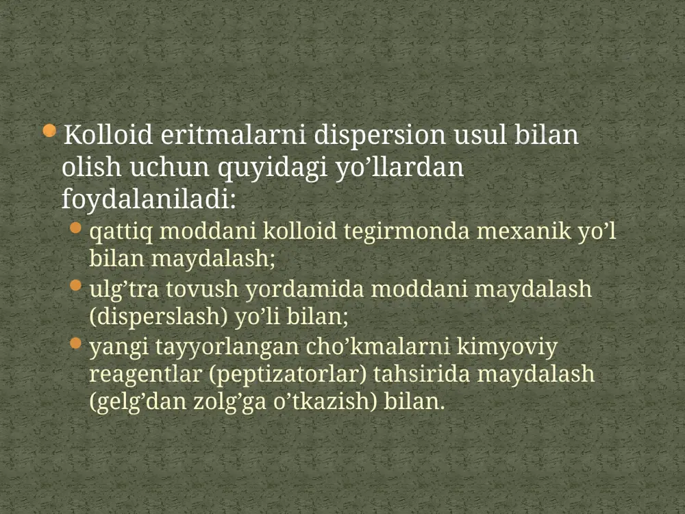 loid zarrachalarni katta agregatlarga birikish jarayoniga koagullanish deb aytiladi. koagullanish yashirin va aniq turlarga bo’linadi. koagullanishni boshlang’ich, yahni eritmadagi o’zgarishlarni oddiy ko’z bilan kuzatish imkoniyati bo’lmagan bosqichi yashirin koagullanish deyiladi. ko’zga ko’rinarli darajada tashqi o’zgarishlarga (rang o’zgarishi, loyqalanish, cho’kma tushishi va xokozo) olib keluvchi zolni agregatlarga birlashish xodisasiga aniq koagullanish deyiladi. kolloid sistemalarga turlicha tahsir etib koagullanish jarayonini vujudga keltirish mumkin, masalan: uzoq vaqt dializ qilish, elektrolit va noelektrolit qo’shish, mexanik tahsir, yahni aralashtirish yoki chayqatish, qattiq sovutish yoki isitish, nur tahsir ettirish. mahlum vaqt o’tishi bilan 1 litr zolni aniq koagullanishga olib keluvchi elektrolitning milli molg’dagi eng kichik miqdori koagullanish bo’sag’asi (sbo’s ) deb aytiladi. koagullanishni granulaning zaryadiga qarama-qarshi zaryadga ega bo’lgan ionlar yuzaga keltiradi. zollarning koagullanishiga elektrolitlar tahsirini o’rganish natijasida o’ulg’tse va gardi quyidagini aniqladilar. koagullanish jarayonining tezligi qo’shiladigan elektrolitlar ionining zaryadi kattaligiga bog’liq ekan. koagullovchi ionning zaryadi qanchalik katta bo’lsa, uning koagullash qobilyati shunchalik yuqori bo’ladi va …