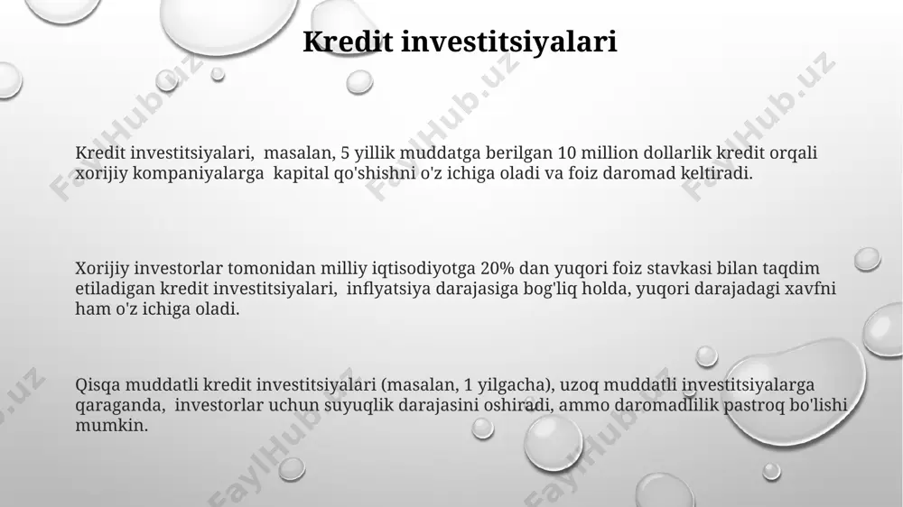 rivativlar, masalan, fyucherslar va optsionlar, portfel investitsiyalarining xavfini boshqarish uchun ishlatiladi va ular investorning portfelining 15% gacha qismini tashkil qilishi mumkin, bu investorning investitsiya strategiyasiga bog'liq. portfel investitsiyalarining asosiy turlaridan biri qimmatli qog'ozlar bo'lib, ular aksiyalar, obligatsiyalar va boshqa qimmatli qog'ozlarni o'z ichiga oladi, ularning umumiy qiymati investorning portfelining 70% dan ortig'ini tashkil qilishi mumkin. chet el investitsiyalarining shakllari chet el investitsiyalarining portfel investitsiyalari shakli qimmatli qog'ozlar, masalan, aksiyalar yoki obligatsiyalarni sotib olish orqali amalga oshiriladi va investorning kompaniya boshqaruvida bevosita ishtiroki 10% dan kam bo'ladi. chet el investitsiyalarining aralash shakli esa portfel va to'g'ridan-to'g'ri investitsiyalarni o'z ichiga oladi, bu investorga kompaniyaning 20% dan ortiq ulushi va boshqaruvda sezilarli ta'sir ko'rsatish imkoniyatini beradi. to'g'ridan-to'g'ri chet el investitsiyalari korxonalarni qo'shma korxonalar yoki filial shaklida tashkil etish orqali amalga oshiriladi, bu investorga kompaniya faoliyatini boshqarishda 10% dan ortiq ulush beradi. xalqaro investitsiyalar turlari chet el investitsiyalarining 3 asosiy shakli mavjud: to'g'ridan-to'g'ri investitsiyalar, …