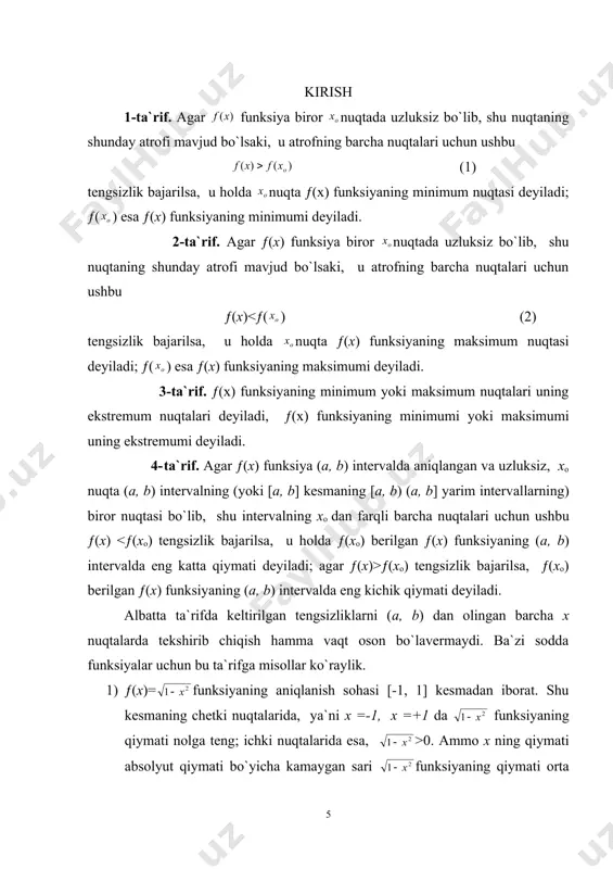 va bo’ladi. nuqta uchun bo’lgani uchun funksiya nuqtada ekstrimumga ega emas . nuqta uchun bo’lgani uchun funksiya nuqtada ekstrimumga ega emas. 6 – misol. quyidagi funksiyaning ekstrimumini toping. kritik nuqtalarni topamiz : ushbu tenglamalar sistemasini yechib , nuqtalarni topamiz. topilgan nuqtalar tekshiralayotgan funksiya aniqlanish sohasi ning chegarasiga tegishli bo’lhani uchun funksiya aniqlanish sohasining ikki nuqtasi bo’lishi kerak . shunday qilib , berilgan funksiya kritik nuqtaga ega bo’lmaganligi uchun funksiya ekstrimumga ega emas . 7 – misol. funksiyaning doiradagi eng katta va eng kichik qiymatlarini toping . funksiyaning soha ichidagi kritik nuqtalarini va nuqtalardagi funksiyaning qiymatlarini hisoblaymiz : tenglamalar sistemasini yechib , kritik nuqtani va funksiyaning bu nuqtadagi qiymatini topamiz. endi funksiyaning chegaradagi , ya’ni aylanadagi eng katta va eng kichik qiymatlarini topamiz. berilgan funksiyani aylana nuqtalarida bitta ning funksiyasi sifatida ifodalash mumkin : yoki 1.2.ekstremum mavjud bo`lishining zaruriy sharti shunday qilib , ikki o’zgaruvchili funksiyaning aylanadagi eng katta va kichik …