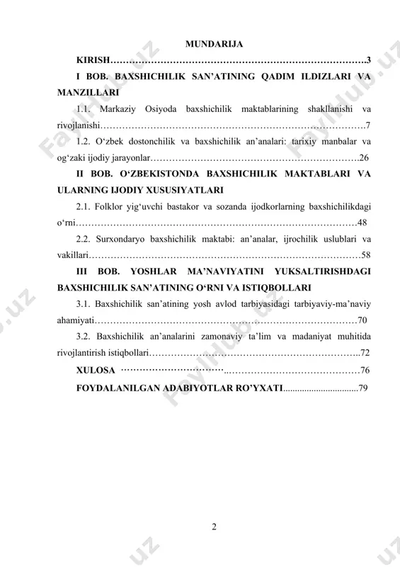 bu nafaqat musiqiy-madaniy meros balki xalq ruhiyatining, orzu-umidlarining, qadriyat va an’analarining ifodasidir. ushbu san’at turi asrlar davomida o‘z xalqining ijtimoiy, siyosiy, madaniy hayotida muhim o‘rin egallab kelgan va bugungi kunda ham yoshlar tarbiyasida o‘ta dolzarb ahamiyat kasb etmoqda. bugungi globallashuv va axborot texnologiyalari tez sur’atlar bilan rivojlanayotgan davrda yoshlarning ma’naviy hayoti va dunyoqarashi murakkab jarayonlarni boshidan kechirmoqda. yoshlar ongiga turli xil yot va zararli mafkuralarning kirib kelishi, ma’naviyatsizlik, qadriyatlar eroziyasi kabi salbiy holatlar tobora ortib borayotgani xalqimiz ma’naviy hayoti uchun jiddiy xavf tug‘dirmoqda. shu o‘rinda milliy qadriyatlarimizga, ayniqsa, baxshichilik san’atiga tayangan holda yosh avlodni barkamol insonlar etib tarbiyalash masalasi dolzarb masalaga aylanmoqda. baxshilar ijrosidagi dostonlar, ayniqsa, “alpomish”, “gorogly”, “rustamxon” kabi epik asarlar yoshlar ongida vatanparvarlik, mardlik, fidoyilik, sabr-qanoat va milliy birlik g‘oyalarini shakllantiradi. ular tarixiy qahramonlar qiyofasida milliy qadriyatlarimiz va an’analarimizni uyg‘un holda tarannum qiladi. bundan tashqari, baxshichilik san’ati yoshlarning estetik didini shakllantirishda ham katta ahamiyatga ega. an’anaviy cholg‘u asboblari …