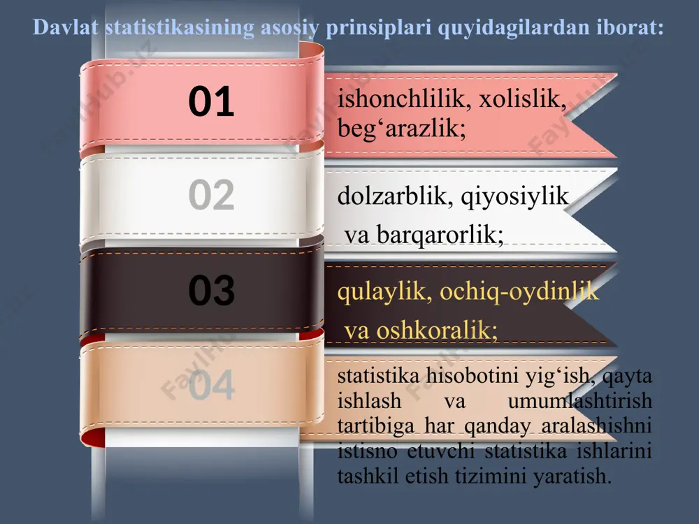 e’lon qilinishini hamda yuridik va jismoniy shaxslarga ularning so‘rovlariga binoan shartnoma asosida taqdim etilishini ta’minlashi; yakka tartibdagi statistika ma’lumotlarining maxfiyligini, davlat sirlari va yuridik shaxslarning tijorat sirlariga rioya etilishini, jismoniy shaxslar to‘g‘risidagi ma’lumotlarning egasi mavhumlashtirilishini ta’minlashi; davlat statistikasi axborot tizimi davlatning boshqa axborot tizimlariga moslashuvchanligini hamda o‘zbekiston respublikasining yagona axborot makonida o‘zaro hamkorlik qilishini ta’minlashi; xalqaro va mintaqalararo statistika qiyoslashlarini o‘tkazishi; korxonalar va tashkilotlarning yagona davlat registrini hamda davlat statistikasi uchun zarur bo‘lgan tasniflash tizimini yuritishi shart. davlat statistikasi organlari zimmasida qonun hujjatlariga muvofiq boshqa majburiyatlar ham bo‘lishi mumkin. statistika kengashi : statistika kengashi davlat statistikasi vakolatli organi huzuridagi davlat statistikasining rivojlantirilishi, faoliyat ko‘rsatishi va muvofiqlashtirilishi muammolari bo‘yicha kollegial maslahat organidir. statistika kengashining tarkibi o‘zbekiston respublikasi prezidenti tomonidan tasdiqlanadi. davlat statistika ishlari dasturi : davlat statistika ishlari dasturi mamlakatda sodir bo‘layotgan ijtimoiy-iqtisodiy hodisalar va jarayonlar to‘g‘risida statistika axborotini tayyorlash uchun aniq yo‘naltirilgan topshiriqlar hamda statistika ishlarini moliyalashtirish hajmlari qamrab olingan …