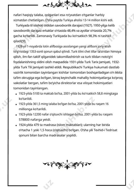 an. 2001- 2002 oʻquv yilida 6000 ta taʼlim muassasalarida 2,3 million talaba taʼlim oldi va 134,8 ming oʻqituvchi ish bilan taʼminlandi. umumiy o‘rta taʼlim 15 yoshdan 17 yoshgacha bo‘lgan bolalarning boshlang‘ich taʼlimdan keyin kamida uch yil davomida taʼlim olishini qamrab oladi. umumiy oʻrta taʼlimga litseylar, chet tili oʻqitiladigan litseylar, anadolu litseylari, fan liseylari, anadolu oʻqituvchilar tayyorlovchi litseylar va anadolu tasviriy sanʼat litseylari kiradi. kasb-hunar va texnik oʻrta taʼlim oʻquvchilarni tadbirkorlik va boshqa kasbiy sohalarda kadrlar sifatida tarbiyalovchi, ularni oliy taʼlimga tayyorlaydigan hamda umumiy oʻrta taʼlim maqsadlariga javob beradigan muassasalarni qamrab oladi. oʻrta kasb-hunar taʼlimiga oʻgʻil bolalar texnikumi, qizlar uchun texnikum maktablari, savdo va turizm maktablari, diniy taʼlim maktablari, koʻp dasturli litseylar, maxsus taʼlim maktablari, xususiy taʼlim maktablari va sogʻliqni saqlash maktablari kiradi. oʻrta taʼlim koʻpincha oʻrta maktab deb ataladi, chunki maktablar litsey (tr: lise) deb ataladi. davlat litseylari va kasb-hunar litseylarida talabalar har kuni oltita darsda qatnashadilar, ularning har biri …