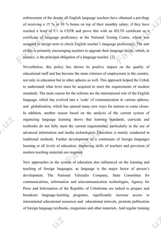 reforms and high demand for english together with international practices in different spheres, the idea of introduction of education with english of medium of instruction started to seem feasible to the government. at present, educational establishments with english as a medium of instruction have become the most preferred institutions to study at. to meet the demand for the desire of people to be educated in english, the number of english institutions has been increasing from year to year. these reforms have undoubtedly been aimed at integration with the western world and acquiring information access as well as ability to keep up with the pace of changes taking place in the world. looking back, now it becomes clear that the uzbek government started the process of bringing the national language closer to english “to enter the world community” and communicate effectively and effortlessly on an international level when it decided to …
