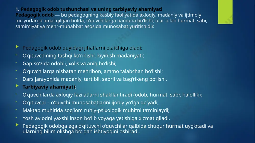 arakatlari bilan namuna bo‘lish; har qanday vaziyatda o‘zini bosib tuta olish; ishiga vijdonan yondashish va mas'uliyatli bo‘lish. 3. zamonaviy pedagog obrazida muomala odobining o‘rni zamonaviy pedagog – bu faqatgina bilim beruvchi emas, balki o‘quvchilarga namunali shaxsiy fazilatlari bilan ta’sir ko‘rsatuvchi tarbiyachi, yetakchi va hayotga yo‘naltiruvchi insondir. bunday pedagog obrazining muhim tarkibiy qismlaridan biri bu — muomala odobidir. muomala odobi zamonaviy pedagog obrazida qanday rol o‘ynaydi? kasbiy imidj (obraz): o‘qituvchining o‘zini tutishi, gapirish ohangi, tashqi ko‘rinishi va muomalasi – bularning barchasi uning obro‘si va obro‘-e’tiboriga bevosita ta’sir qiladi. o‘quvchi, ota-ona va jamiyat ko‘z o‘ngida hurmatli bo‘lish – bu muomala odobi bilan chambarchas bog‘liq. ijtimoiy aloqa madaniyati: o‘qituvchi o‘z kasbi doirasida o‘quvchilar, ota-onalar, hamkasblar va rahbarlar bilan doimiy muloqotda bo‘ladi. bu muloqotda hurmat, madaniyat, ehtiyotkorlik va sabr muhim o‘rin tutadi. professional etika va tamoyillar: pedagog har qanday vaziyatda o‘z kasbiga sadoqatli bo‘lishi, axloqiy me’yorlarga amal qilishi, o‘quvchining shaxsiy erkinligiga hurmat bilan qarashi …