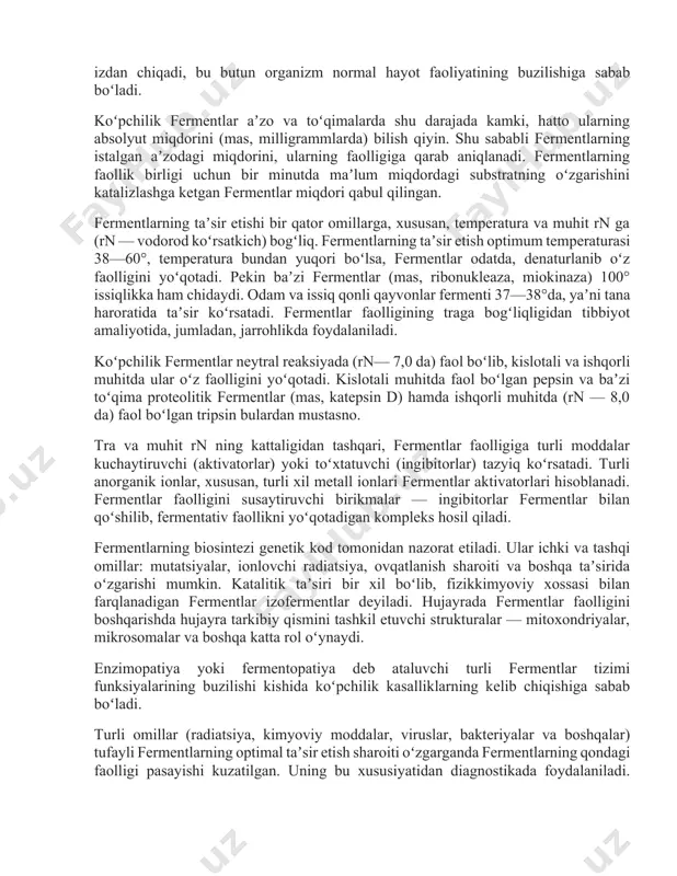 n rentgen struktura taxlili yordamida bir qancha fermentlarning ikkilamchi va uchlamchi strukturalari aniqlandi. koʻp fermentlar toʻrtlamchi strukturaga ega ekanligi, yaʼni molekulalari tarkibi va strukturasi jihatidan turlicha boʻlgan bir qancha oqsil subbirliklar (biopolimerlar)dan iboratligi koʻrsatildi. fermentlar barcha oqsillar kabi oddiy va murakkab boʻladi. murakkab fermentlarning molekulalari ikki komponentdan: oqsil (apoferment) va oqsil boʻlmagan — prostetik guruh komponentidan iborat. prostetik guruh apofermentdan oson ajraladigan hollarda kofaktor yoki koferment deb ataladi. uglevodlar, nukleotidlar, turli metallarning ionlari va boshqa birikmalar, vitaminlar hamda ularning hosilalari (vitaminlari kofermentlardan iborat 150 dan ortiq fermentlar maʼlum) kofermentlar boʻlishi mumkin. avitaminoz va gipovitaminozlarda koʻpgina ferment tizimining funksiyasi izdan chiqadi, bu butun organizm normal hayot faoliyatining buzilishiga sabab boʻladi. koʻpchilik fermentlar aʼzo va toʻqimalarda shu darajada kamki, hatto ularning absolyut miqdorini (mas, milligrammlarda) bilish qiyin. shu sababli fermentlarning istalgan aʼzodagi miqdorini, ularning faolligiga qarab aniqlanadi. fermentlarning faollik birligi uchun bir minutda maʼlum miqdordagi substratning oʻzgarishini katalizlashga ketgan fermentlar miqdori qabul …
