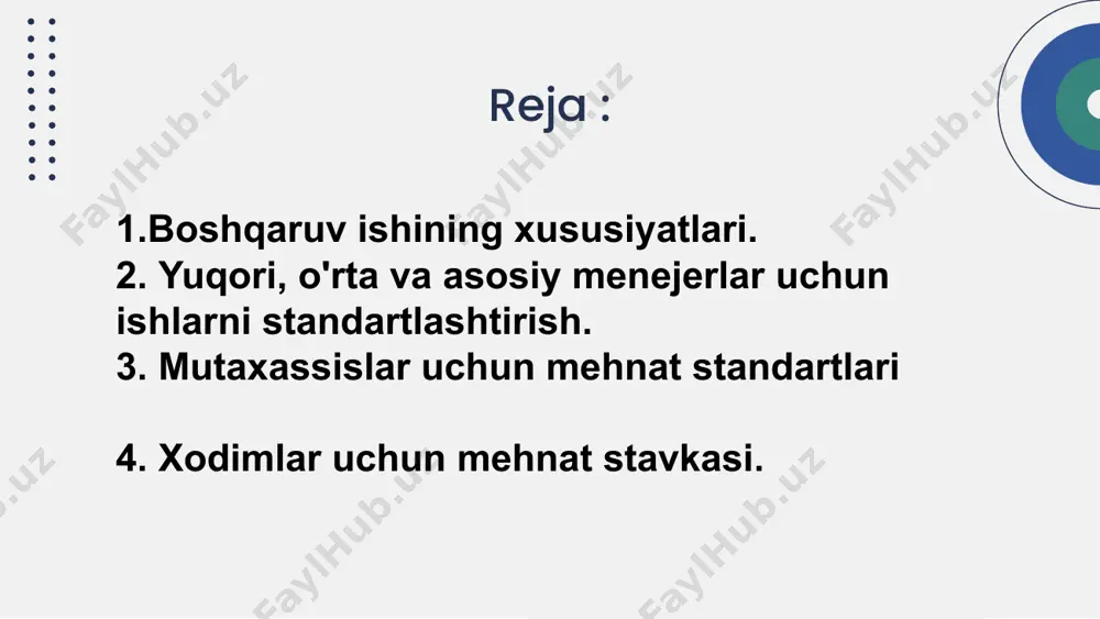oddiy va ma'naviy rag'batlantirishning ilg'or shakllaridan foydalanish mumkin. bajarilgan ish hajmi. to'g'ridan-to'g'ri usuldan foydalanganda funktsional birlikdagi mutaxassislar soni quyidagi formula bo'yicha aniqlanadi: hh= (st× n) / fg eff vn ii × k, bu yerda : ti- yilda bajarilgan i-ishning murakkabligi funktsional birlik; ni- yil davomida i-ishning takrorlanishi; m - funksionalda bajariladigan ish turlarining soni yil davomida bo'lim; fgef- yillik samarali ish vaqti fondibitta xodim; tovn- vaqt me'yorlarini bajarish koeffitsienti. ta’rif tizimi ta’rif setkasi ta’rif stavkalari ta’rif koeffitsiyentlari ta’rif-malaka ma’lumotlari tarif setkasi - mehnatning murakkabligiga qarab ish haqi miqdorini differensiyalash vositasidir. unda xodimlar turli toifalari uchun tarif koef- fitsiyentlariga muvofiq ish haqlari nisbati aks etadi. xodimlar barcha toifalari uchun yagona bo‘lgan hamda ishchilar uchun alohida razryadlar belgilangan tarif setkalari mavjud. o‘zbekiston respublikasida hozirgi vaqtda 1 dan 22 gacha razryadi bo‘lgan yagona tarif setkasi qabul qilingan. keyingi slaydda namuna ko’rishimiz mumkin. tarif stavkasi (mansab maoshi) xodimning vaqt birligida muayyan murak­kablik (malaka)dagi mehnat …