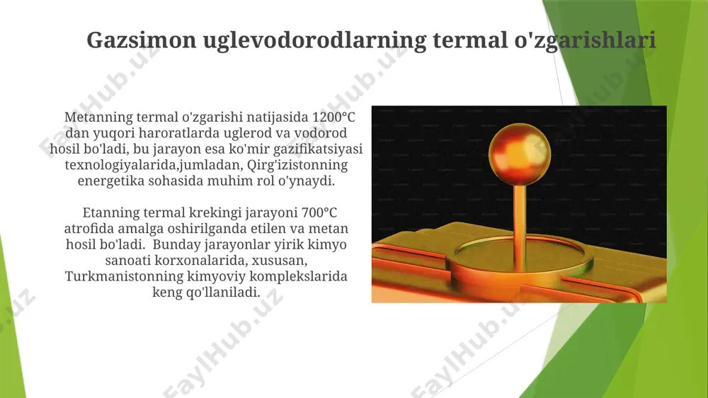 turdagi mahsulotlar, shu jumladan, etilen va propilen kabi qiymati yuqori bo'lgan kimyoviy moddalar hosil qiladi. rossiya va qozog'iston neftni qayta ishlash zavodlarida qo'llaniladigan termik kreking texnologiyalari, 30% gacha benzin hosil qilish imkoniyatini berib, yillik 5 million tonnadan ortiq xom ashyoni qayta ishlashga imkon beradi. katalitik oksidlanish oʻzbekistonning gaz konlarida uchraydigan etan va propan kabi ogʻirroq uglevodorodlarning katalitik oksidlanishi, 400-600°c haroratlarda, selektiv katalizatorlar yordamida, kimyoviy sanoatda qoʻllaniladigan qimmatli kimyoviy mahsulotlarni olish imkonini beradi. katalitik oksidlanish jarayonida, masalan, 300-500°c haroratda platina katalizatori yordamida, metan gazining toʻliq oksidlanishi natijasida karbonat angidrid va suv hosil boʻladi, bu esa havo ifloslanishini kamaytirishga yordam beradi. termal parchalanish jarayonlari yuqori bosimli termal parchalanish jarayonlari, 10-50 mpa bosimda, og'ir uglevodorodlarni engilroq fraksiyalarga aylantirish uchun ishlatiladi, bu texnologiya rossiyaning ufa shahridagi neftni qayta ishlash zavodlarida muvaffaqiyatli qo'llanilmoqda. issiqlik parchalanish jarayonlari yuqori haroratlarda, masalan, 700-900°c da, metan kabi eng oddiy uglevodorodlarning vodorod va uglerodga parchalanishini o'z ichiga oladi, bu jarayon …