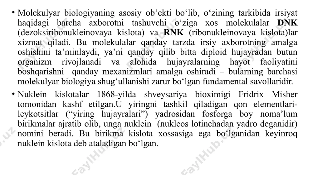 ’da osti bezining atsinar hujayralarida, embriogenez davridan oldin ribonukleoproteid granulalari va keyinchalik kanalchalar sistemasi hosil bo‘lib, ular o’zaro bog‘lanadilar. membrana bilan bog‘lik bo’lgan ribosomalar erkin ribosomaga nisbatan radioktiv aminokislotalarni ko‘proq qabul qilishi kuzatilgan. yadroda, yadrocha joylashgan ribonukleoproteid donachalari o‘z fizik-kimyoviy xossalari bilan sitoplazmatik ribosomalardan farq qiladi. ular yadro oqsili sintezida ishtirok etadi. ribosomalar teng miqdorda rnk va oqsildan iborat. ribosoma tarkibiga noaktiv ribonukleaza, latent dezoksiribonukleaza, letsinaminopeptidaza, galaktozidaza va boshqa fermentlar kiradi. ribosomalarlarda magniy va kalsiy bo‘ladi. hayvon, o‘simlik hujayralaridan va mikro- organizmlardan ajratib olingan ribosomalar kimyoviy tarkibi, molekulyar og‘irligi bilan bir-biriga yaqin. ribosomalar oddiy va bir xil tipidagi moddadan tuzilganga o’xshasada, ular mayda subbirliklardan iborat. ribosomalar 50 s va 30 s lik 2 ta subbirlikdan birikib, 70 s bo’lgan o‘lchamni tashkil qiladi. har bir subbirlik bitta yuqori polimer ribosomal rnk molekulasini o‘zida tutadi, lekin ular alohida bo‘lganda radioktiv aminokislotalarni qabul qila olmaydi. golji kompleksi. 1898-yilda italiyalik olim golji nerv hujayralardan …