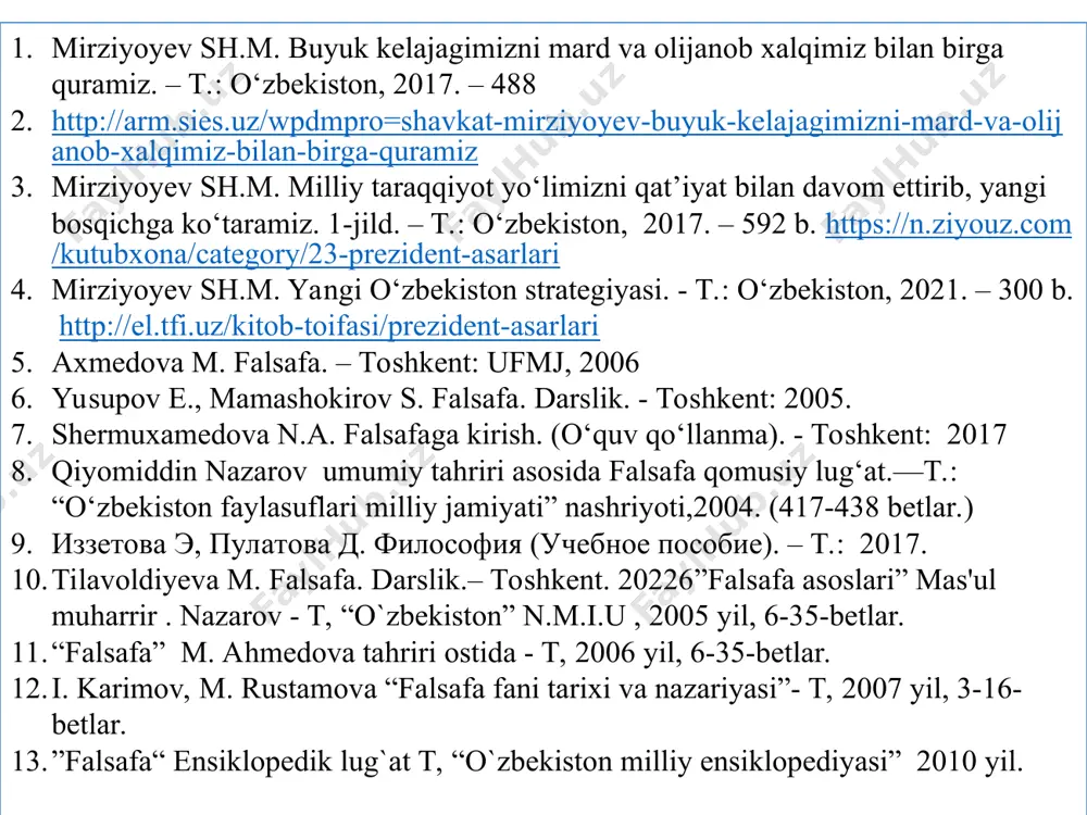 o’zaro ta’siri umumiy yaxlitlikni, ya’ni tizimni ta’minlovchi ularning bog’lanishi jarayonida kechadi. ana shu jarayonda narsa, hodisalarning o’zaro aloqadorligi, o’zaro ta’siri ularning o’zgarishi, taraqqiyotini keltirib chiqaradi. * * falsafa qonunlari mazkur qonunlarda barcha narsa, hodisalar uchun xos bo’lgan eng muhim zaruriy, nisbatan barqaror, doimiy takrorlanib turuvchi, ichki o’zaro bog’lanishlari ifodalanadi. miqdor o`zgarishlarining sifat o`zga rishlariga o`tish qonuni (rivojlanish mehanizmlarini, taraqqiyotning qay tarzda kechishini ifodalaydi). dialektik ziddiyatlik yoki qarama-qarshi liklar birligi va kurashi qonuni (harakat va rivojlanishning sababi, va manbaini ifodalaydi). inkorni-inkor qonuni (taraqqiyot- ning umumiy yo`nali- shini, vorislikni ifodalaydi) miqdor – obyekt (narsa, predmet)ning tashqi ko`rsatkichi. sifat – obyektning muhim belgilarini ifodalaydigan falsafiy tshuncha. me’yor – sifat va miqdorning o`zaro dialektik bog`liqligi. miqdor o`zgarishlarining sifat o`zgarishlariga o`tish qonuni – taraqqiyot mehanizmlarini ochib beradi * miqdor oʼzgarishlarining sifat oʼzgarishlariga oʼtishi qonuni dialektikaning qonunlaridan biri. tabiat, jamiyat va tafakku taraqqiyotining eng umumiy tarzini ochib beradi. uni gegel taʼriflab bergan. rivojlanish murakkab jarayon boʼlib, …