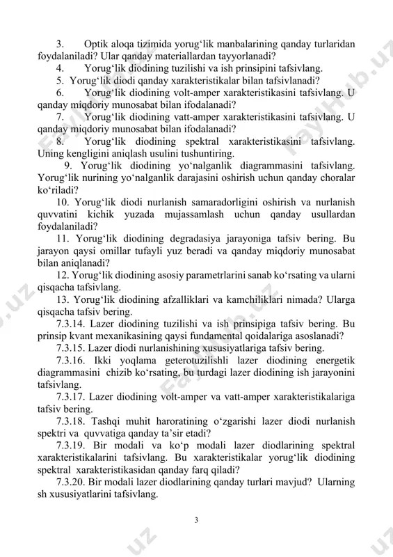 arametrlariga oid o‘quv materiallari o‘rganildi. yorug‘lik manbalarining parametrlarini hisoblash bo‘yicha amaliy ko‘nikmalar egallandi. topshiriqni bajarish bo’yicha ko’rsatmalar yarim o‘tkazgichli yorug‘lik manbalari - yorug‘lik diodi va lazer diodi uchun o‘rinli bo‘lgan quyidagi miqdoriy munosabatdan foydalanib, nurlanuvchi fotonlar energiyasi h ni aniqlaymiz. h=δwm.e.s (7.6.1) u holda nurlanish chastotasi , (7.6.2) nurlanish to‘lqin uzunligi (7.6.3) miqdoriy munosabatlar bilan aniqlanadi. lazer diodining nurlanish quvvati , (7.6.4) nurlanish to‘lqin uzunligi va nurlanish quvvatining haroratning o‘zgarishi tufayli o‘zgarishlari esa, mos ravishda (7.6.5) (7.6.6) miqdoriy munosabatlar bilan aniqlanadi. 5 image2.wmf oleobject2.bin image3.wmf oleobject3.bin image4.wmf oleobject4.bin image5.wmf oleobject5.bin image1.wmf oleobject1.bin n l 0 с = n h n p f nurl × = т т d × d d = d l l . т т p p nurl d × d d = d h w s e m . . d = n