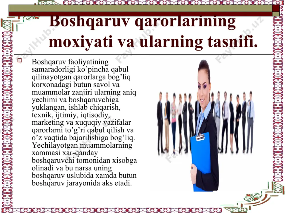 alar xisobiga butun iqtisodiy va ijtimoiy muammolarni yechishga yordam beradi. operativ qarorlar bu moxiyati bo’yicha xo’jalik boshqaruv qarorlaridir. ular boshqariladigan obyektni o’zluqsiz ishlash jarayonini qo’llab-kuvvatlashi uchun joriy shaxsiy muammolar bo’yicha qabul qilinadi. ya’ni, uning murakkab mexanizmini struktura va o’zaro aloqalarni o’zgartirmasdan ushlab turishdir. bu qarorlarni raxbar maxsus tayyorgarliqsiz yetarlicha tez qabul kiladi. bunday qarorlarga xodimlarni ishga olish va bushatish, ularning ish xaklarini o’zgarishi, korxonani kishga tayyorlash xaqidagi va shu kabi xujjatlarni kiritish mumkin. xarakat doirasi bo’yicha boshqaruv qarorlarini iqtisodiy, tashkiliy, ijtimoiy, texnik va texnologik qarorlarga bo’lish mumkin. shuningdek, boshqaruv qarorlari boshqaruv darajasi bo’yicha xam quyidagi bosqichda bo’linadi: usta, uchastka boshligi, sex boshligi, ishlab chiqarish boshligi, korxona va birlashva raxbari, vazir .... qarorlar ta’sir qilish yunalishi bo’yicha tashqi va ichki bo’ladi. tashqi qarorlar boshqa darajaga qaratiladi, ichki qarorlar esa aloxida bo’limlar yoki qaratiladi, ichki qarorlar esa aloxida bo’limlar yoki korxonani kamrab oladi. boshqaruv qarorlari funksional mazmuni bo’yicha iqtisodiy, tashkiliy, koordinasion, ragbatlantiruvchi, …